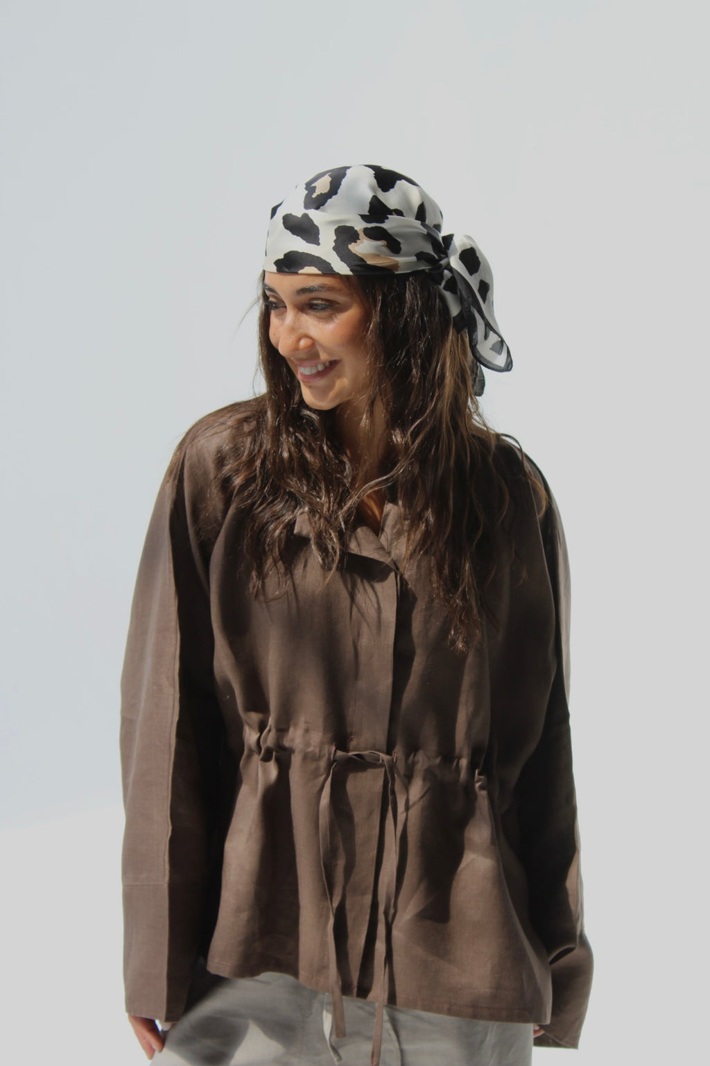 Drawstring Pure Linen Blouse - Brown