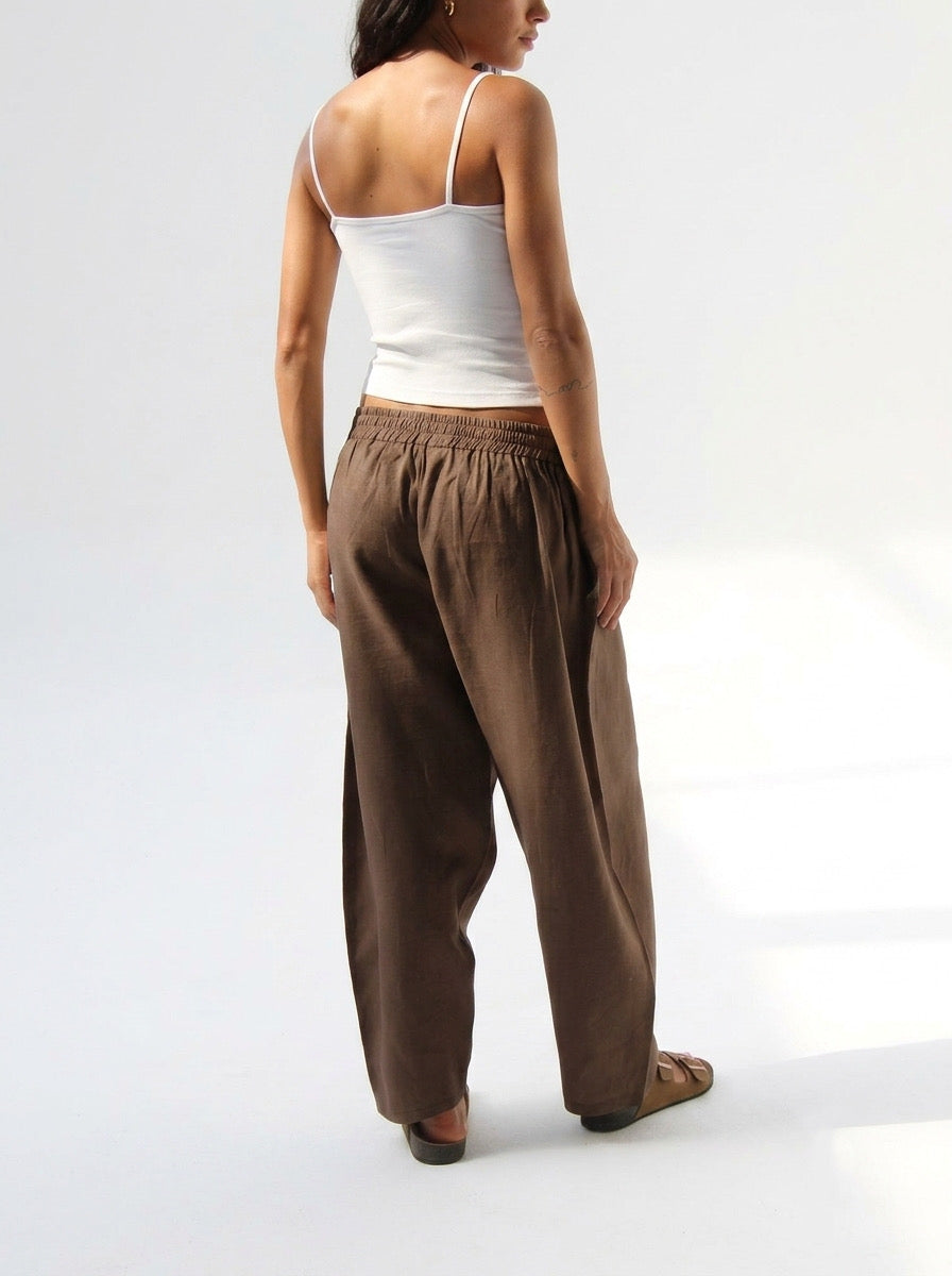 Balloon Pure Linen Pants - Brown