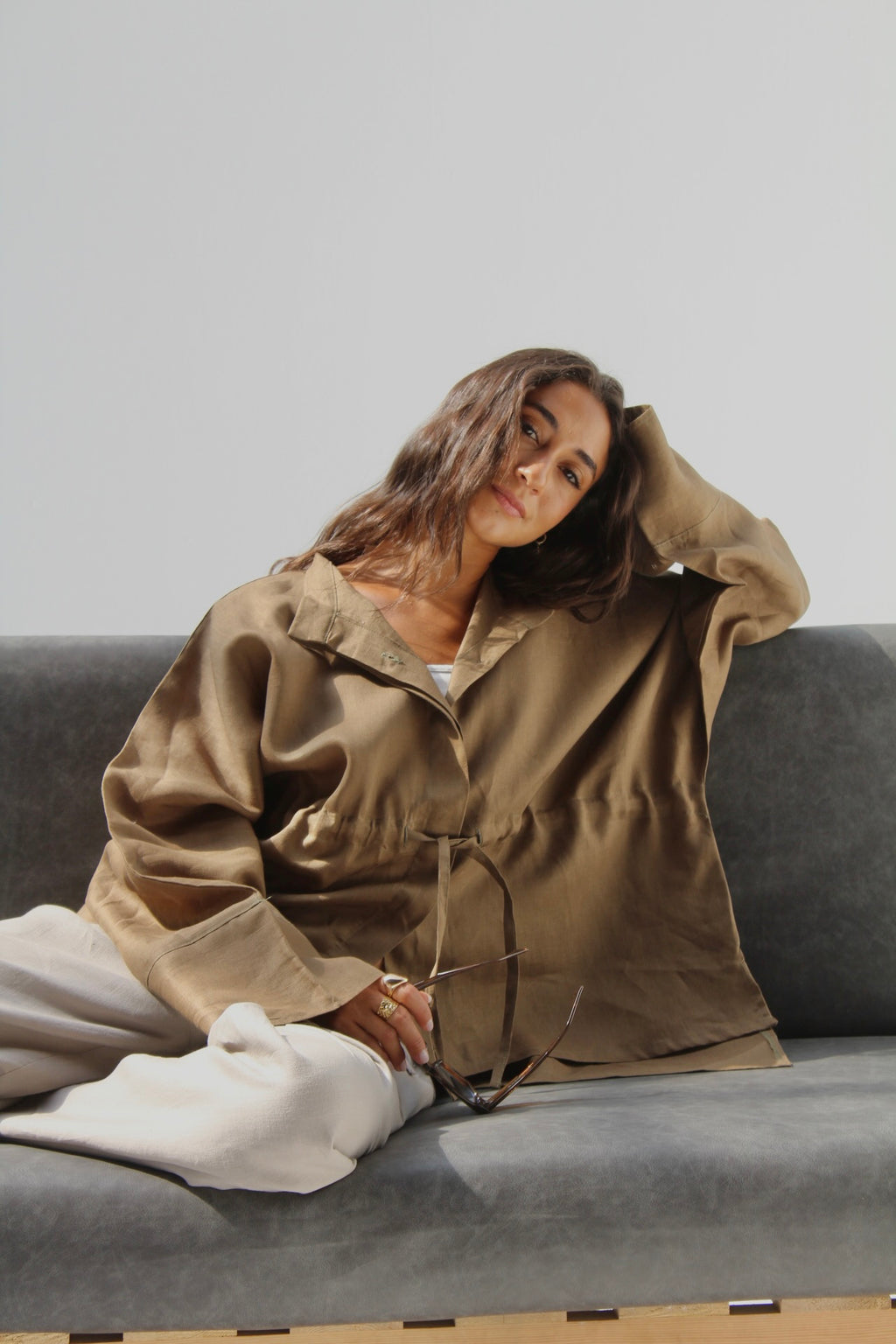 Drawstring Pure Linen Blouse - Cumin