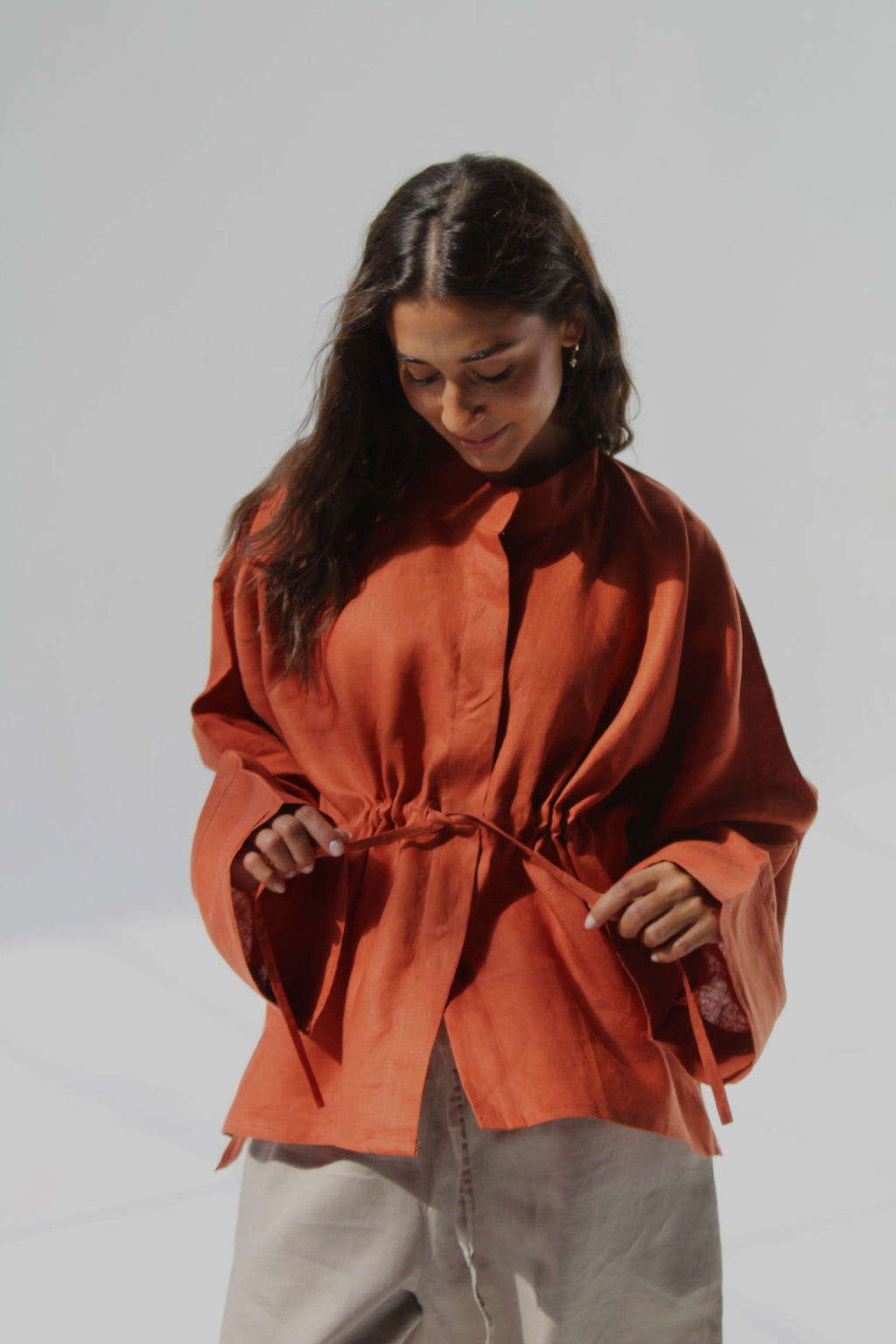 Drawstring Pure Linen Blouse - Orange