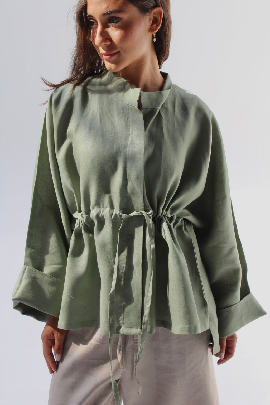Drawstring Pure Linen Blouse - Olive