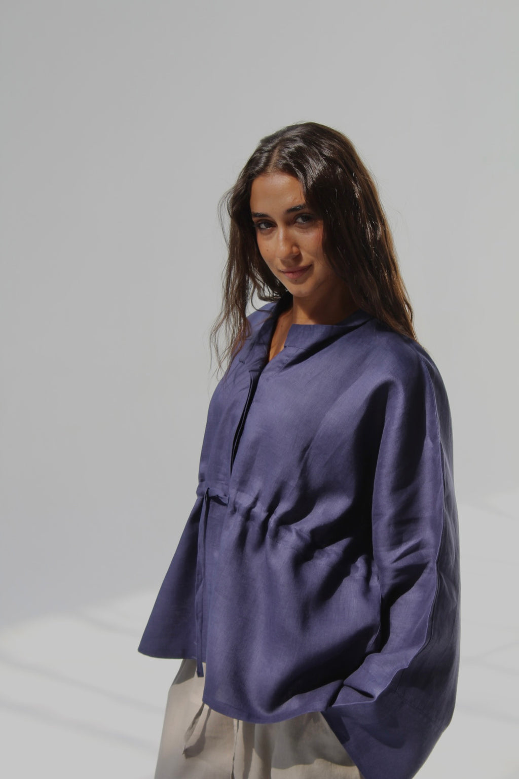 Drawstring Pure Linen Blouse - Navy Blue