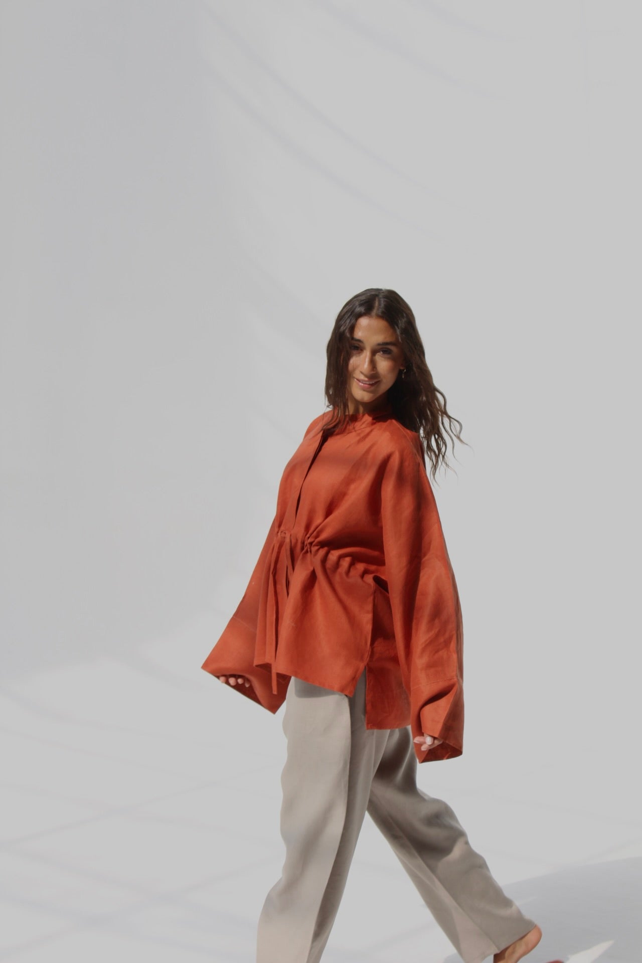 Drawstring Pure Linen Blouse - Orange