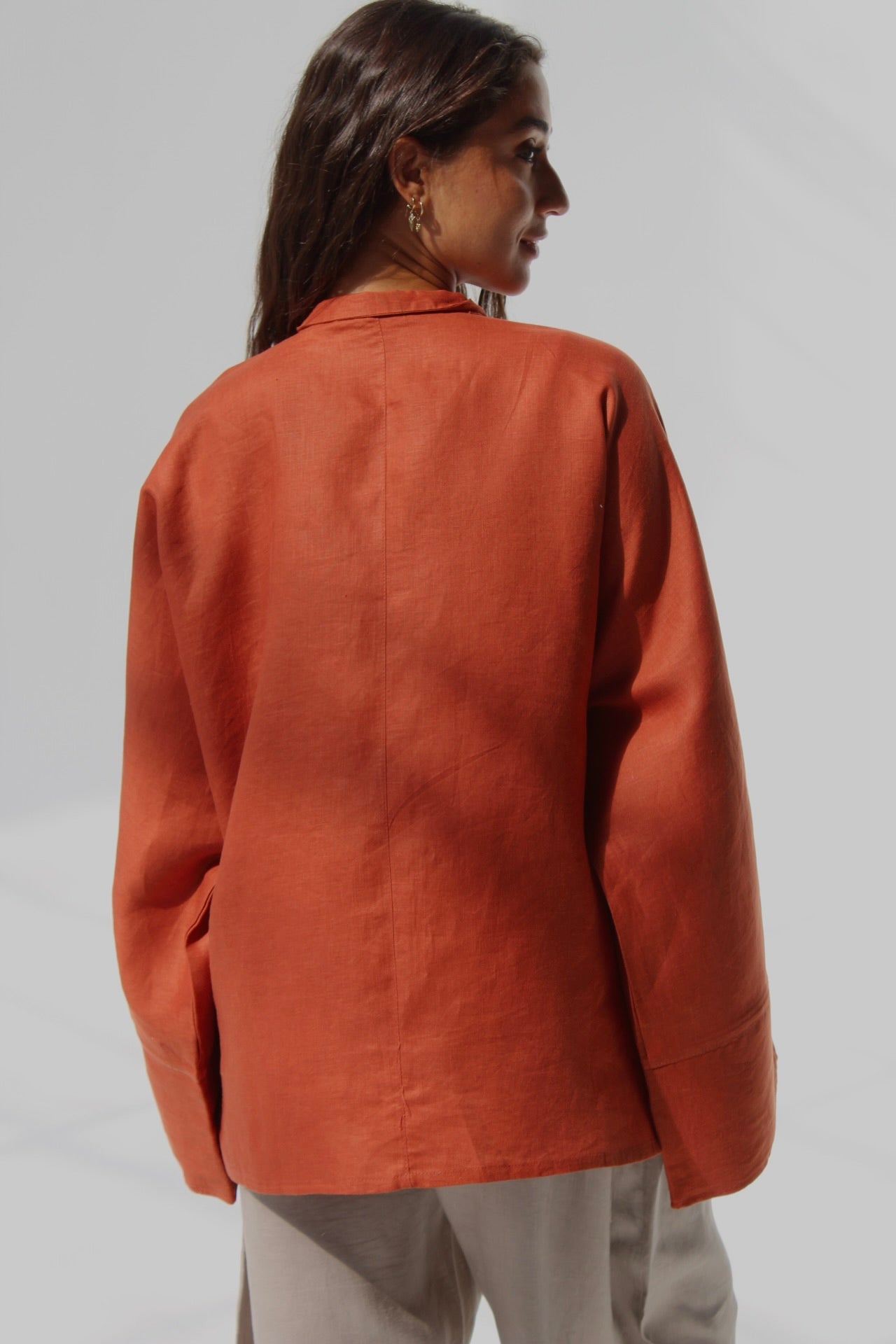 Drawstring Pure Linen Blouse - Orange