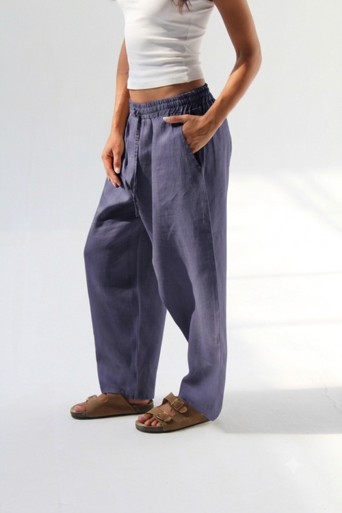 Balloon Pure Linen Pants - Blue