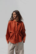 Drawstring Pure Linen Blouse - Orange