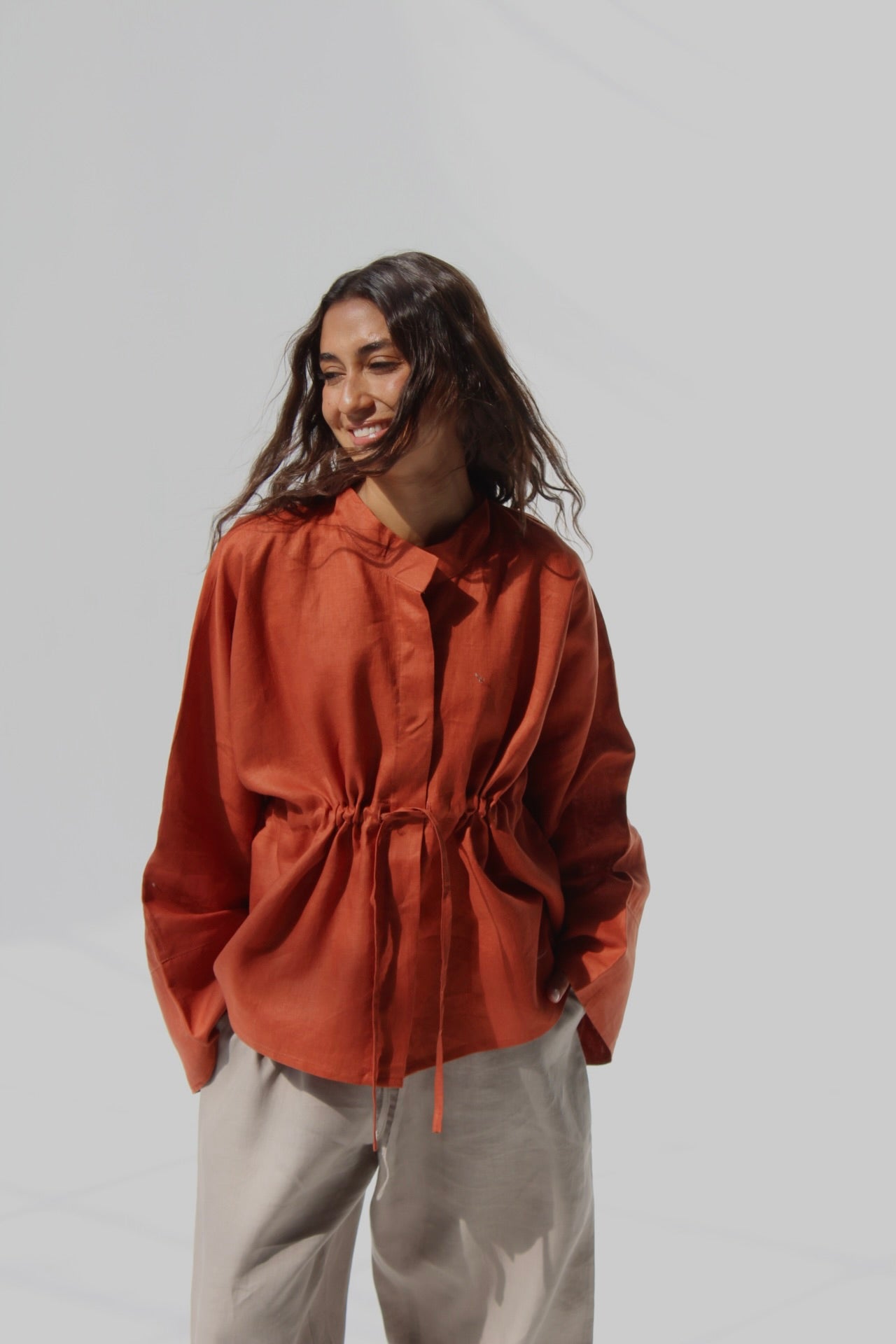 Drawstring Pure Linen Blouse - Orange