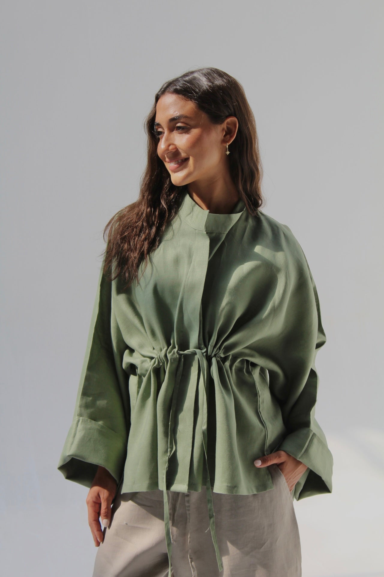 Drawstring Pure Linen Blouse - Olive