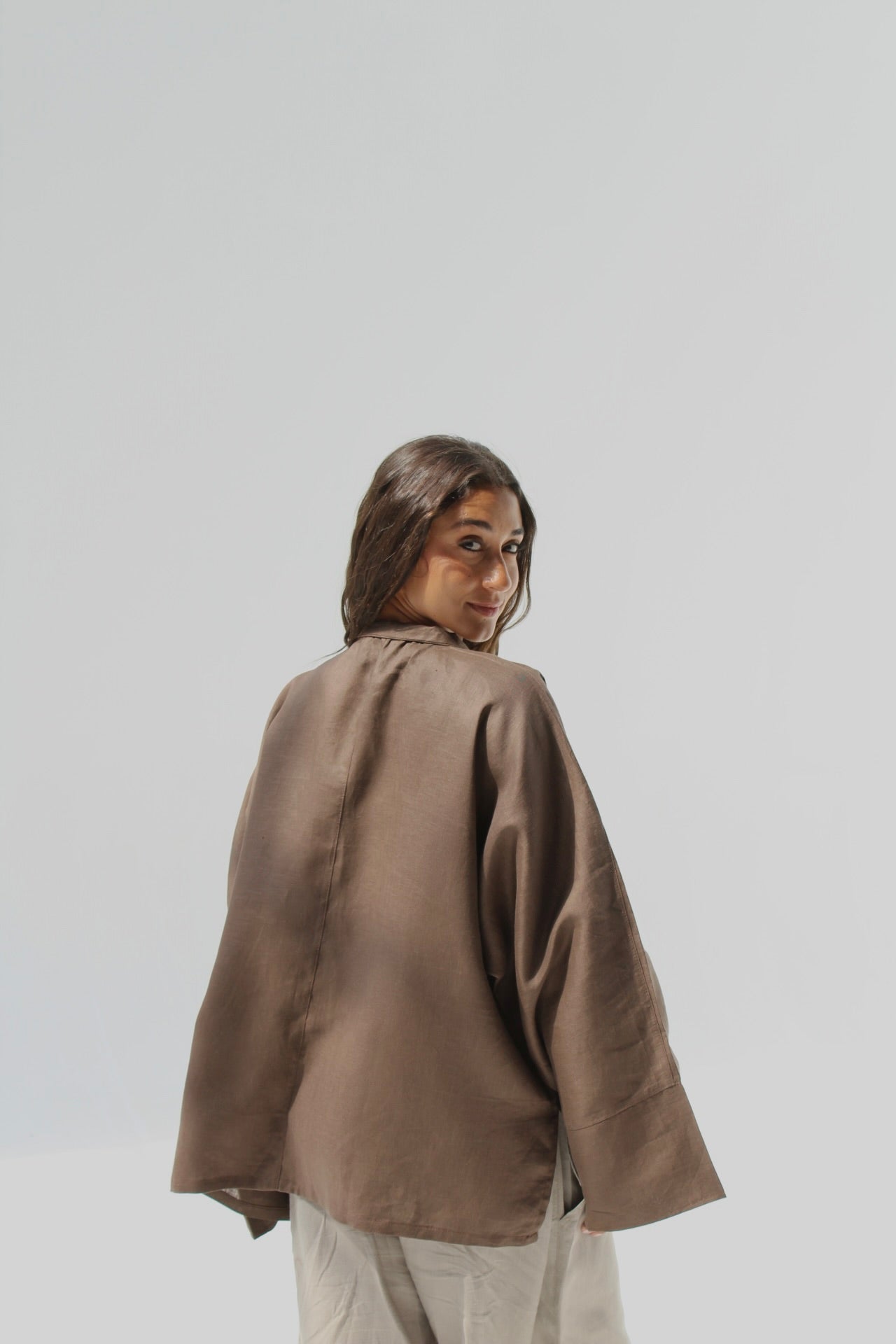 Drawstring Pure Linen Blouse - Brown