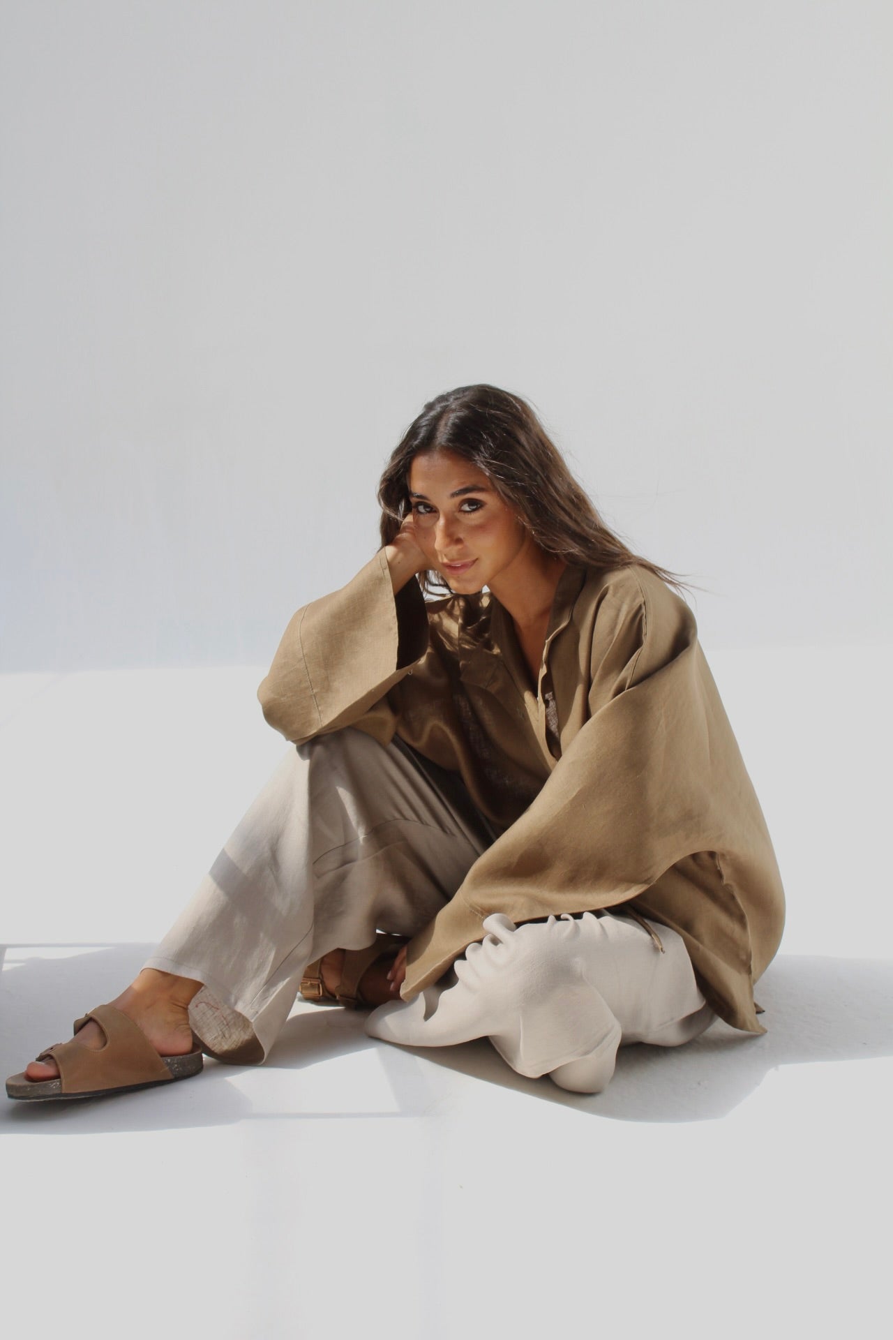 Drawstring Pure Linen Blouse - Cumin