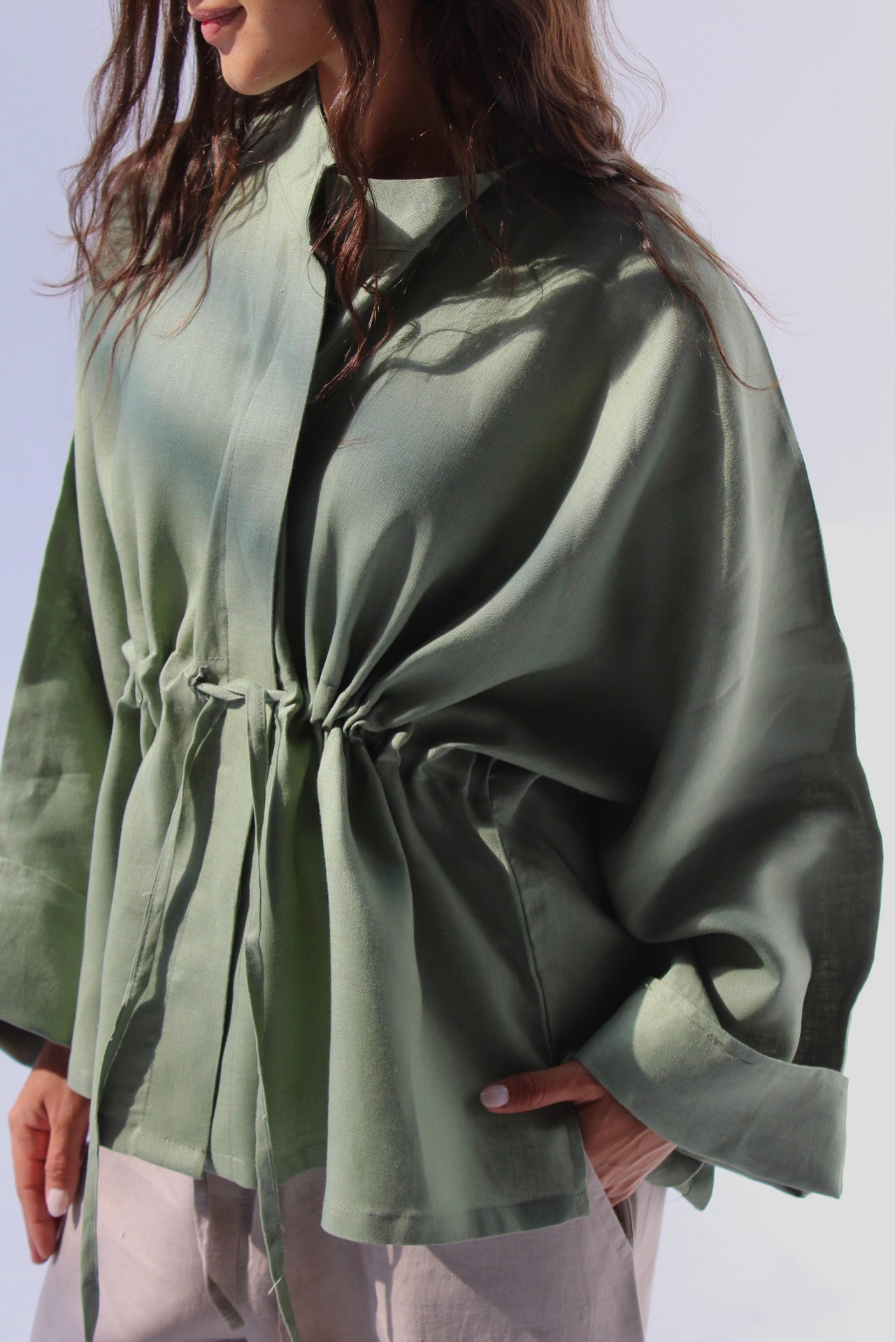Drawstring Pure Linen Blouse - Olive
