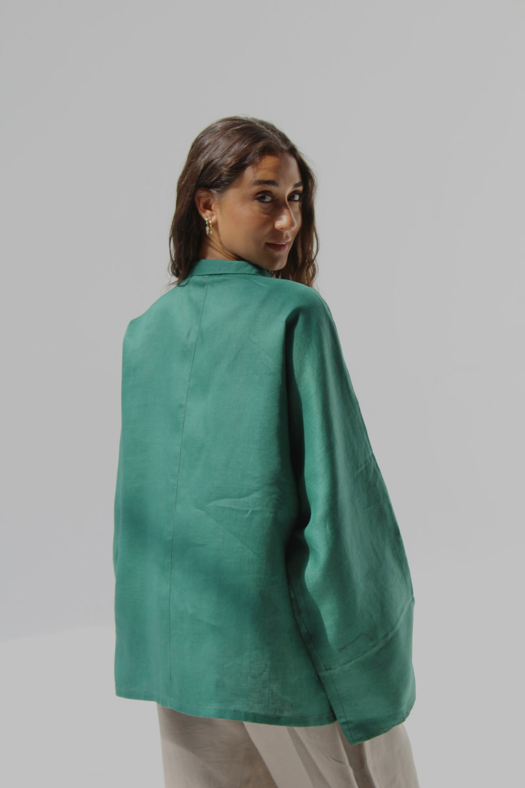 Drawstring Pure Linen Blouse - Green