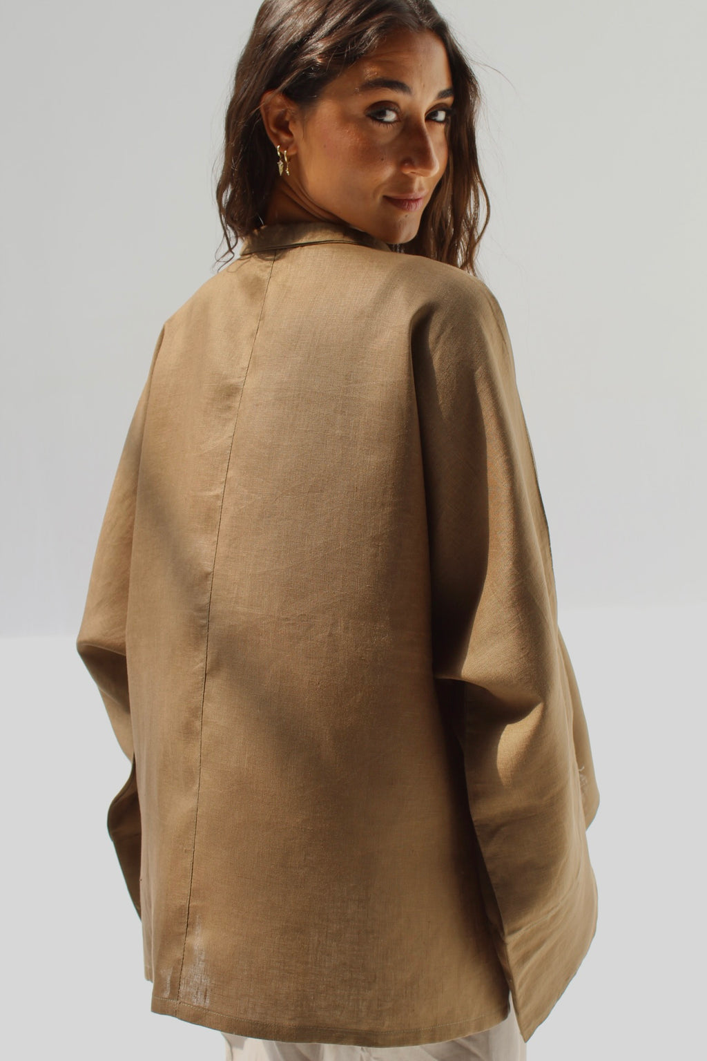 Drawstring Pure Linen Blouse - Cumin