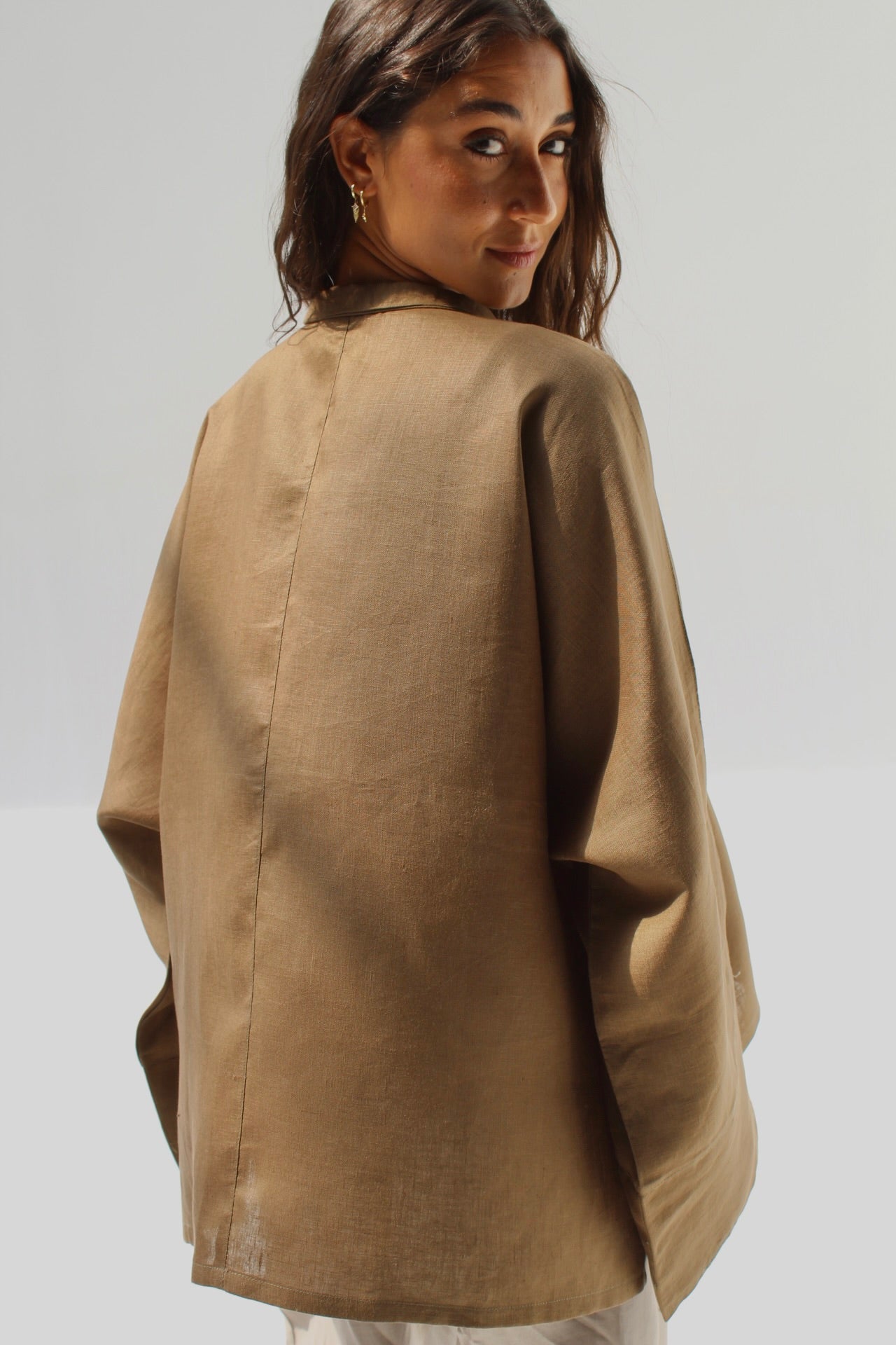 Drawstring Pure Linen Blouse - Cumin