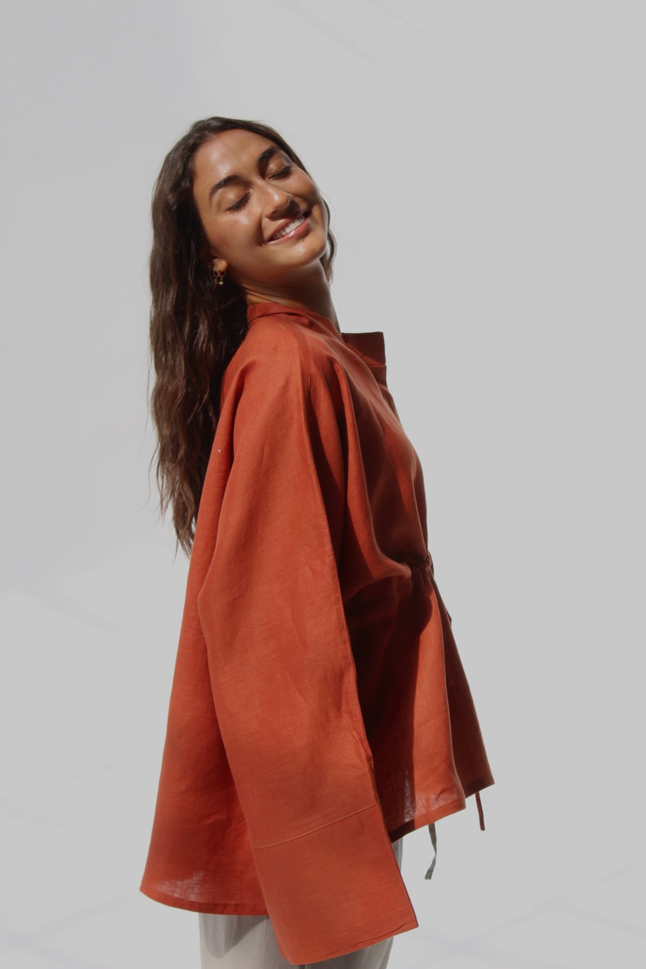 Drawstring Pure Linen Blouse - Orange