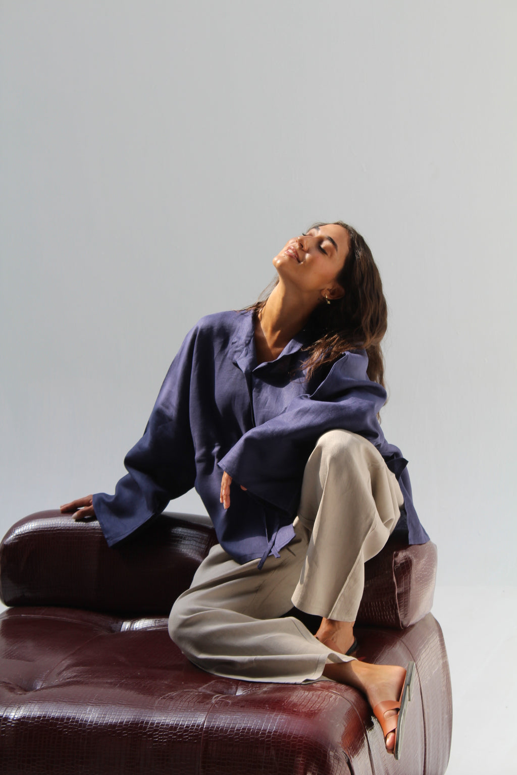 Drawstring Pure Linen Blouse - Navy Blue