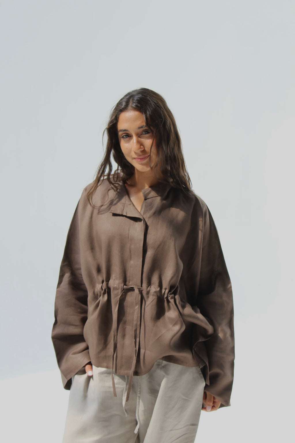 Drawstring Pure Linen Blouse - Brown