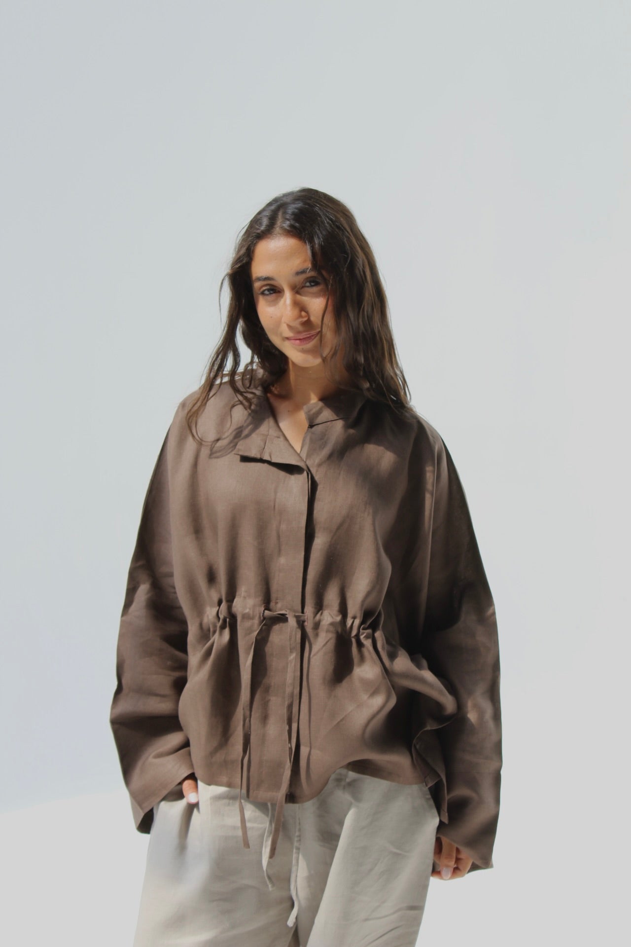 Drawstring Pure Linen Blouse - Brown