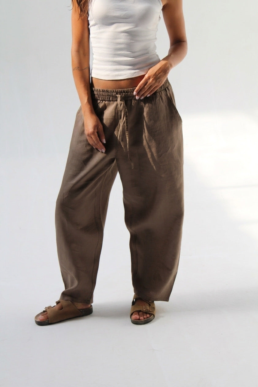 Balloon Pure Linen Pants - Brown