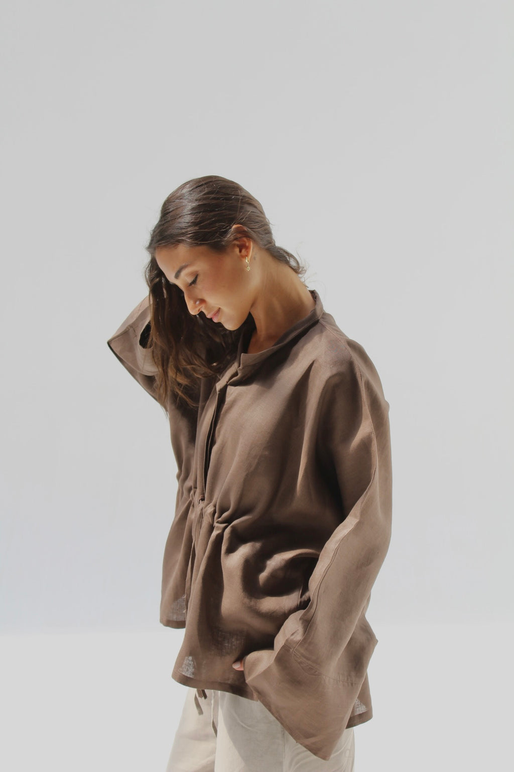 Drawstring Pure Linen Blouse - Brown