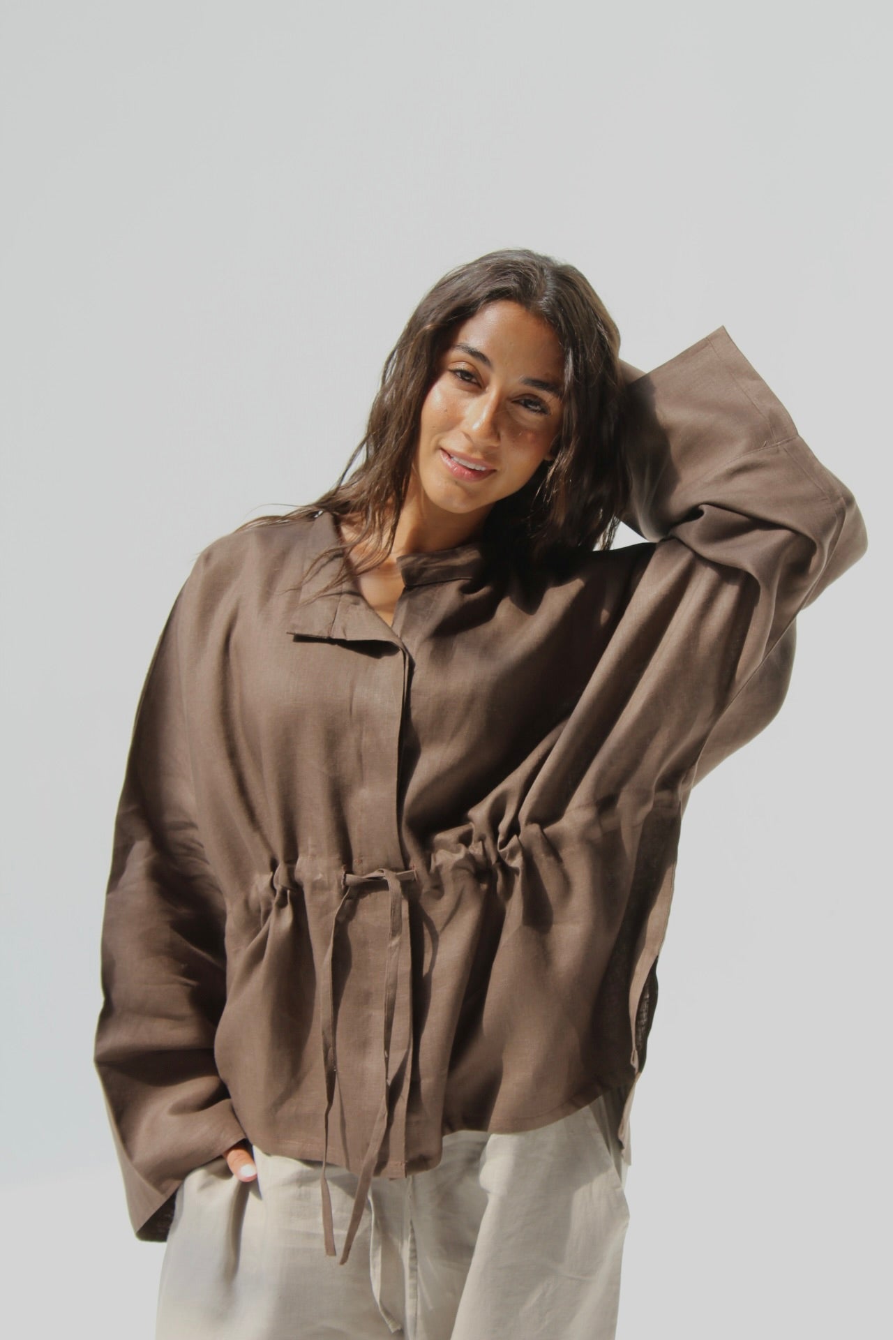 Drawstring Pure Linen Blouse - Brown