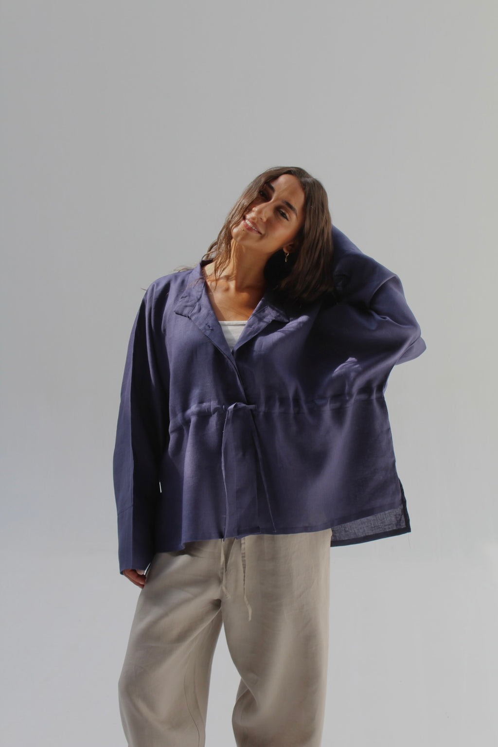 Drawstring Pure Linen Blouse - Navy Blue
