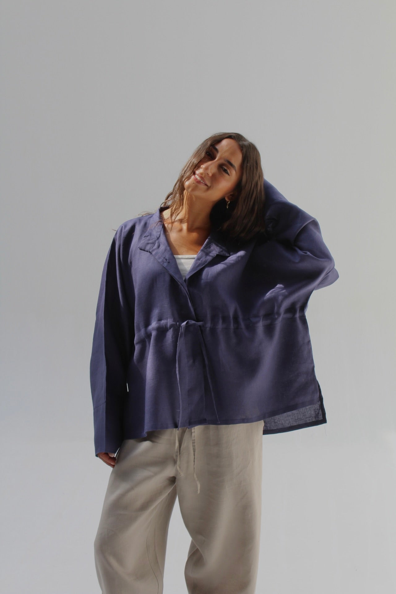 Drawstring Pure Linen Blouse - Navy Blue