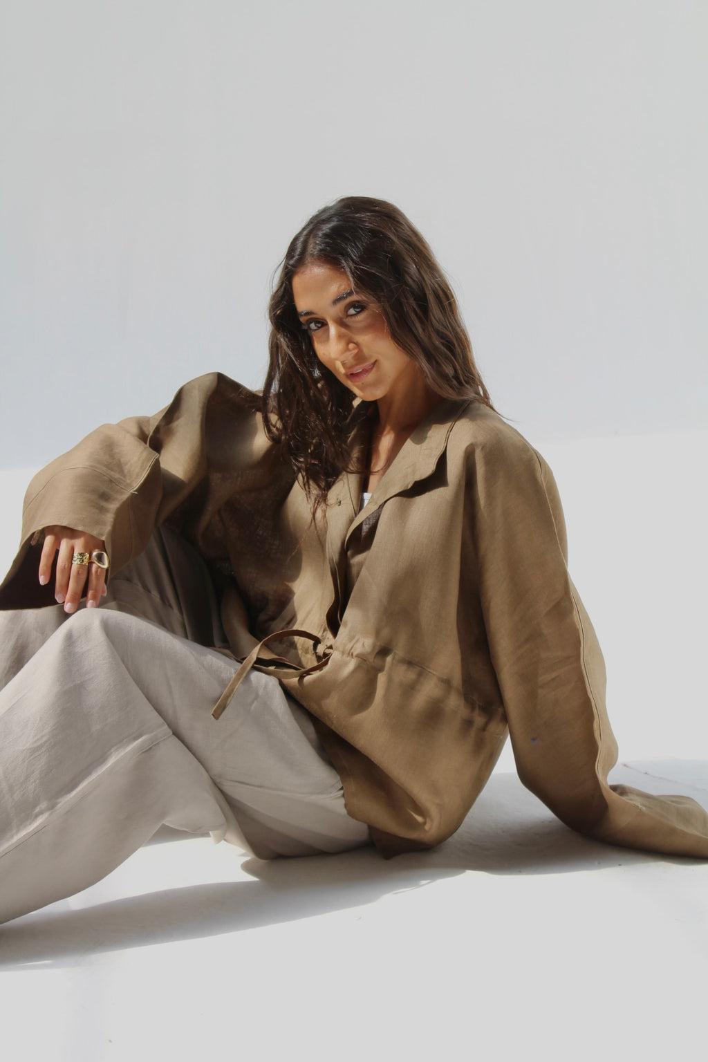 Drawstring Pure Linen Blouse - Cumin