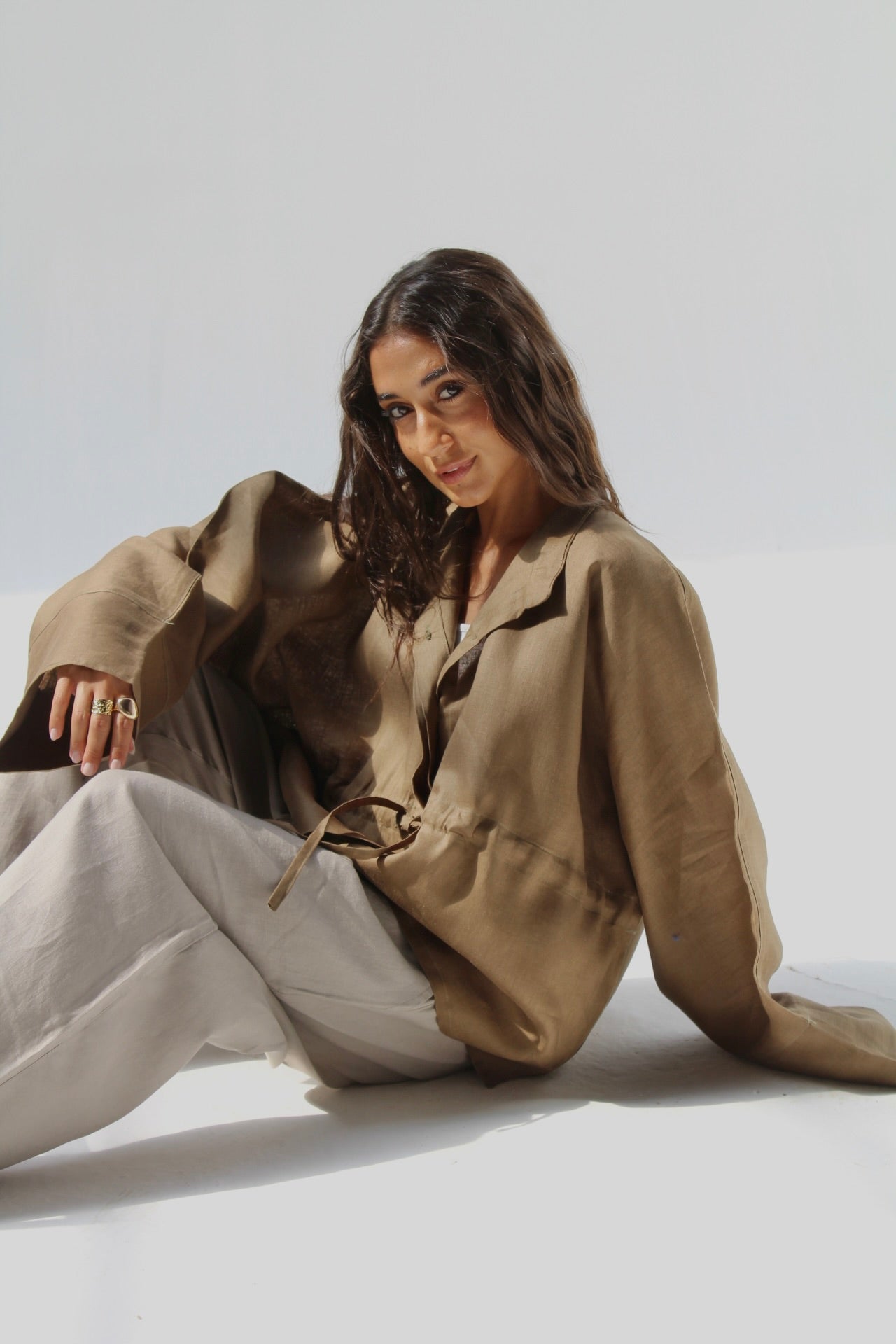 Drawstring Pure Linen Blouse - Cumin