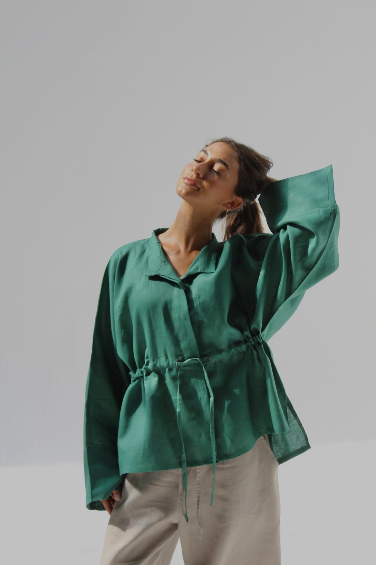 Drawstring Pure Linen Blouse - Green