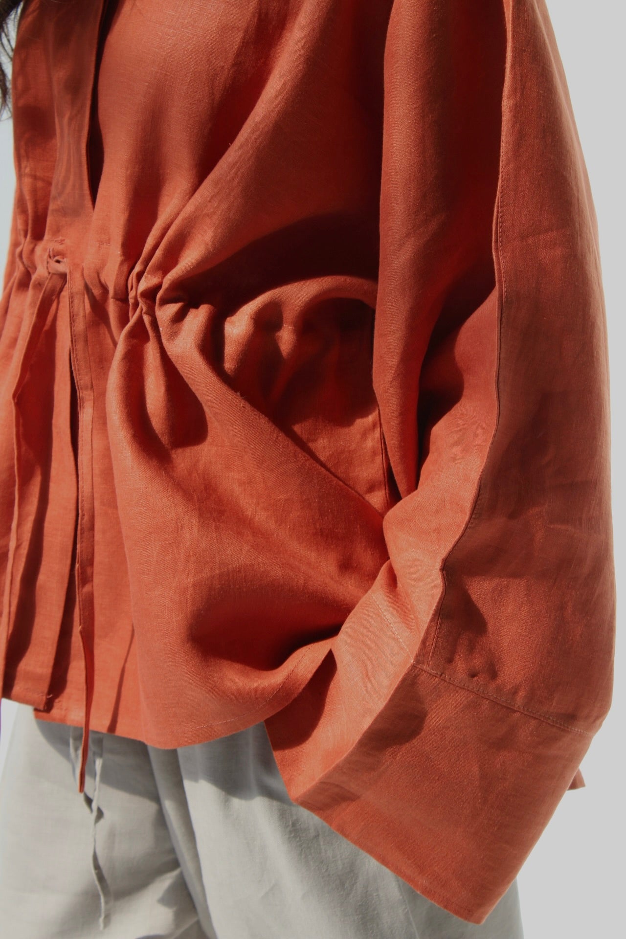 Drawstring Pure Linen Blouse - Orange