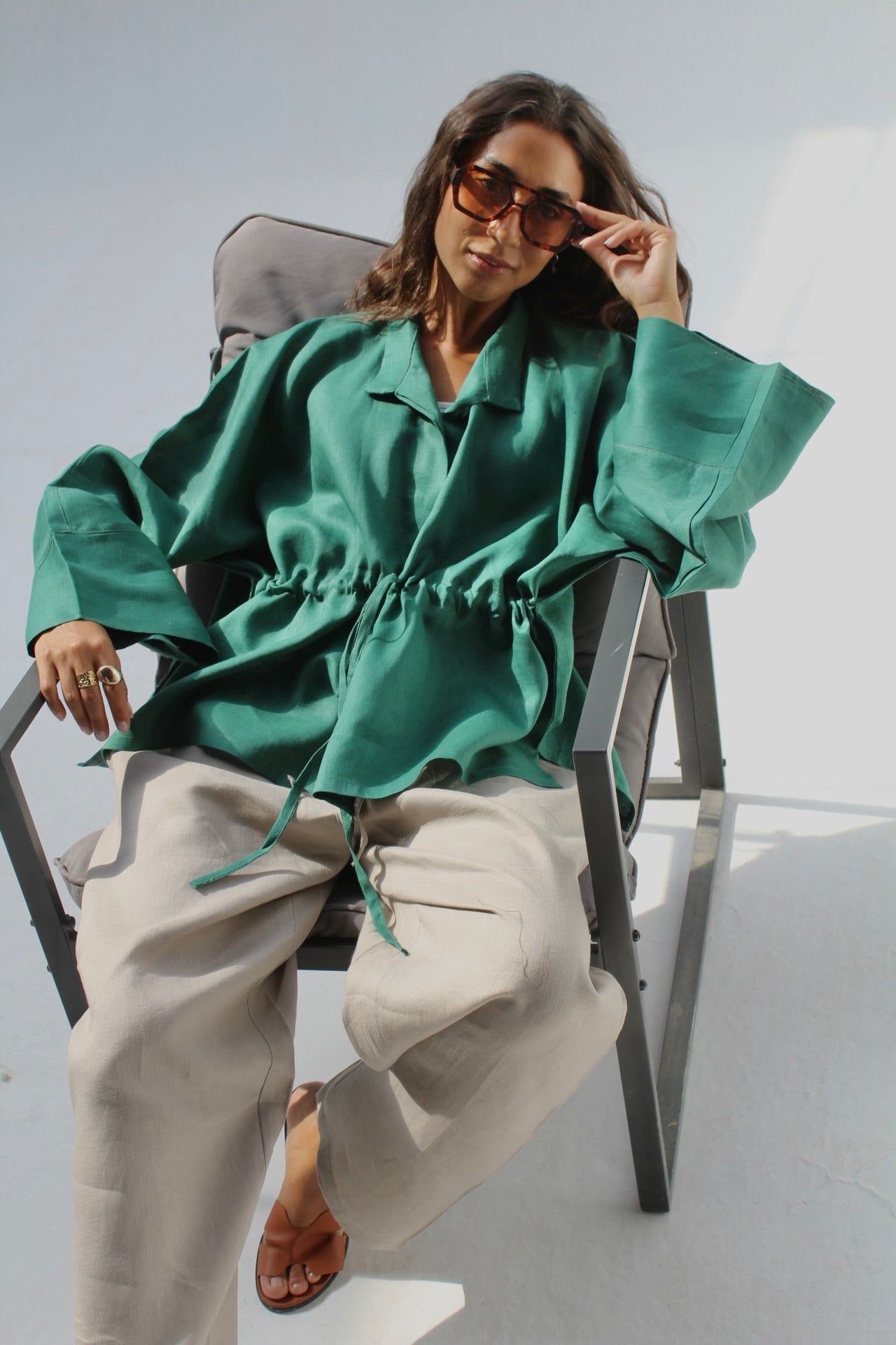 Drawstring Pure Linen Blouse - Green