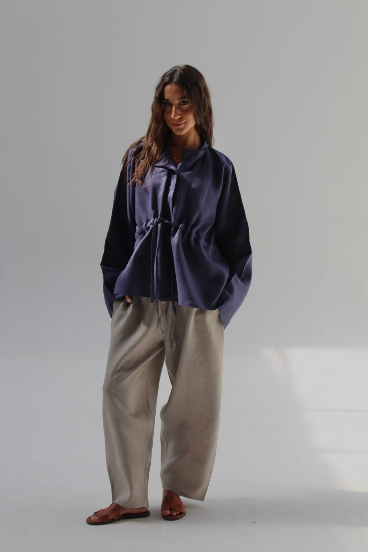 Drawstring Pure Linen Blouse - Navy Blue