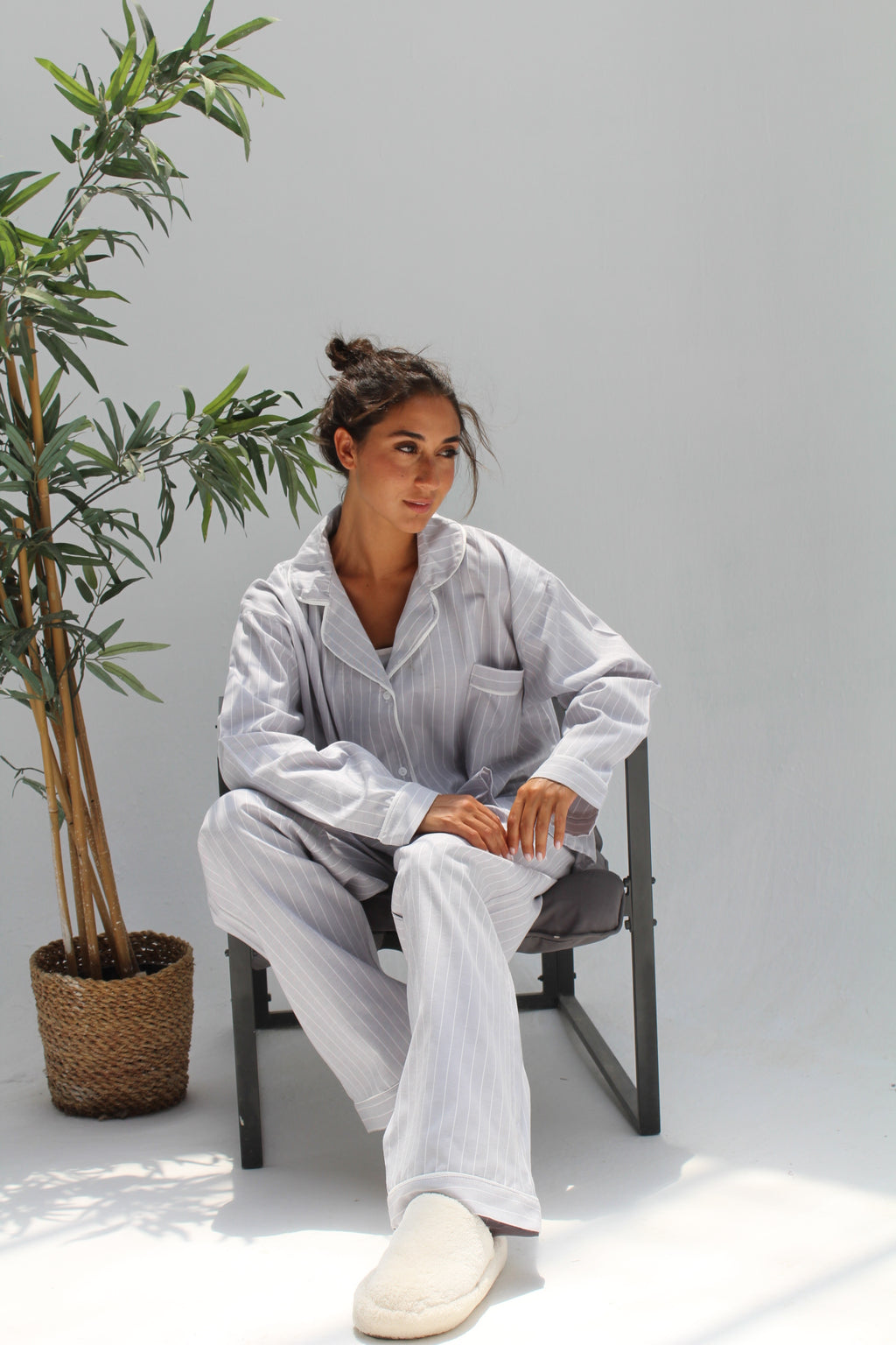 grey stripe pajama with white pipe