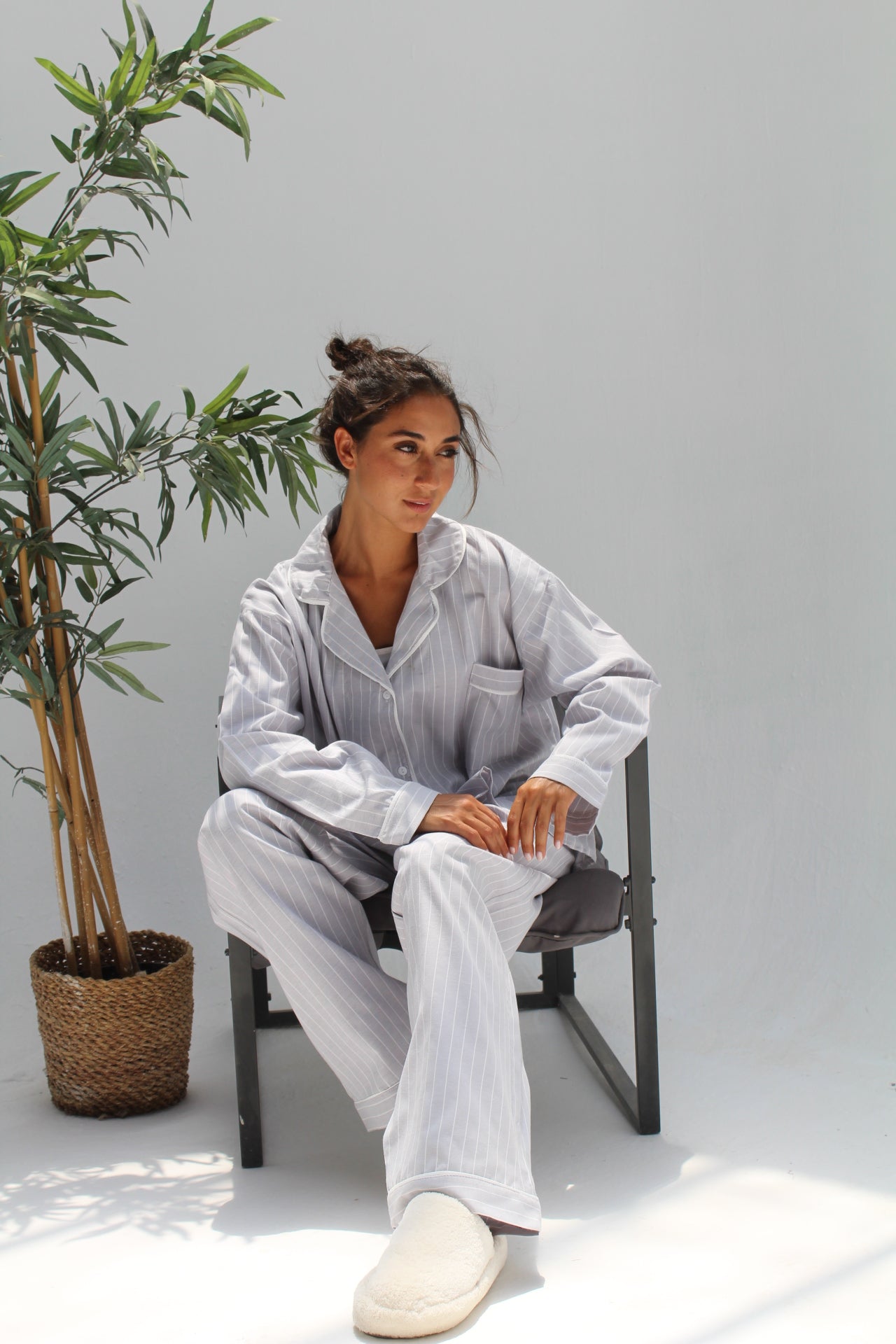 grey stripe pajama with white pipe