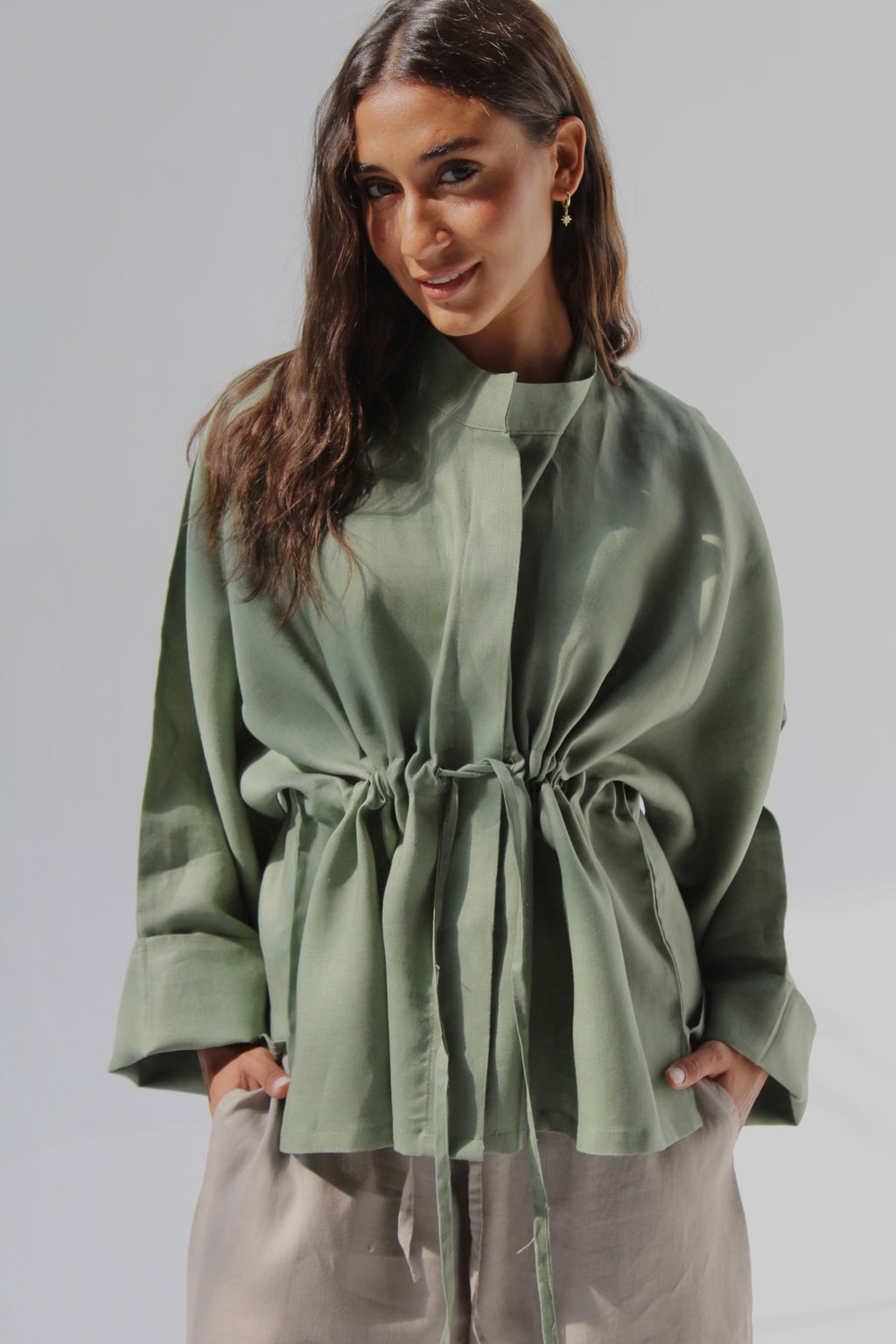 Drawstring Pure Linen Blouse - Olive