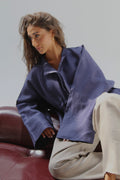 Drawstring Pure Linen Blouse - Navy Blue