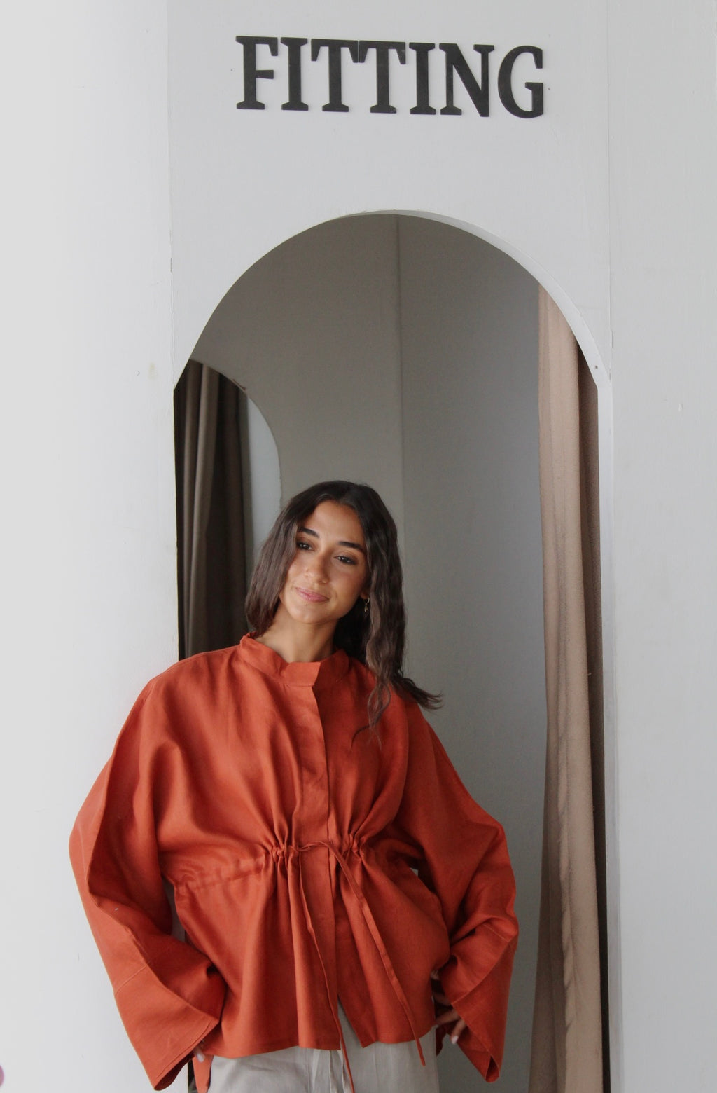Drawstring Pure Linen Blouse - Orange