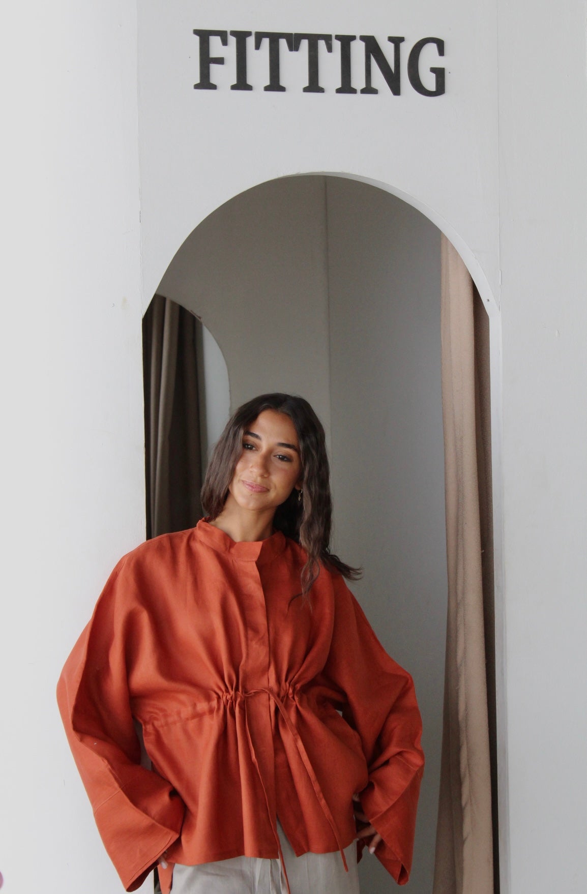 Drawstring Pure Linen Blouse - Orange