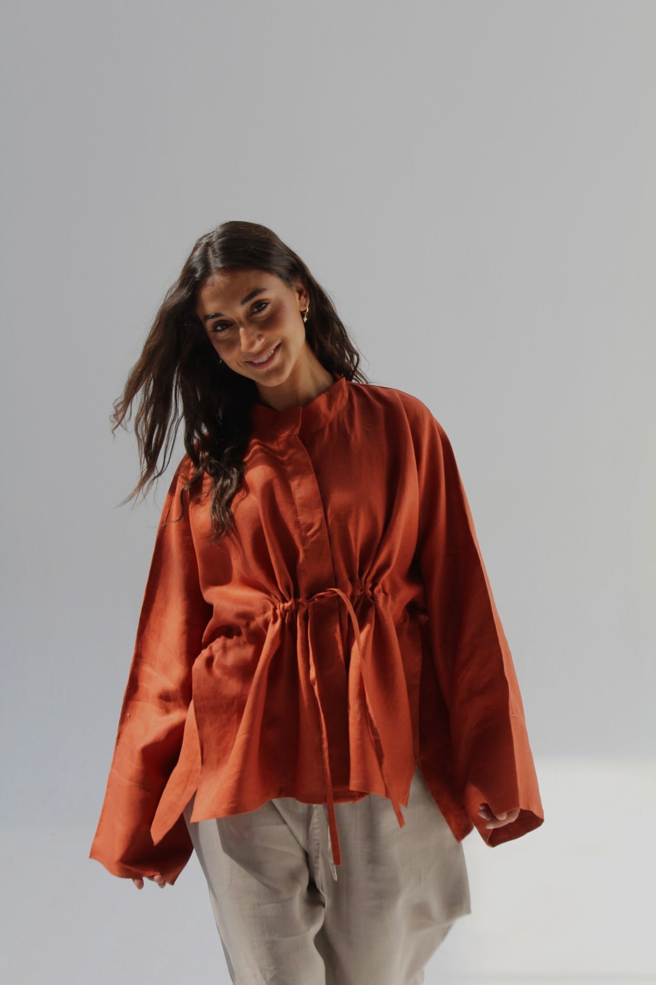 Drawstring Pure Linen Blouse - Orange