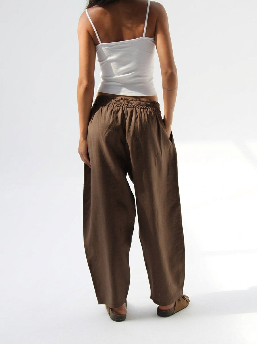 Balloon Pure Linen Pants - Brown