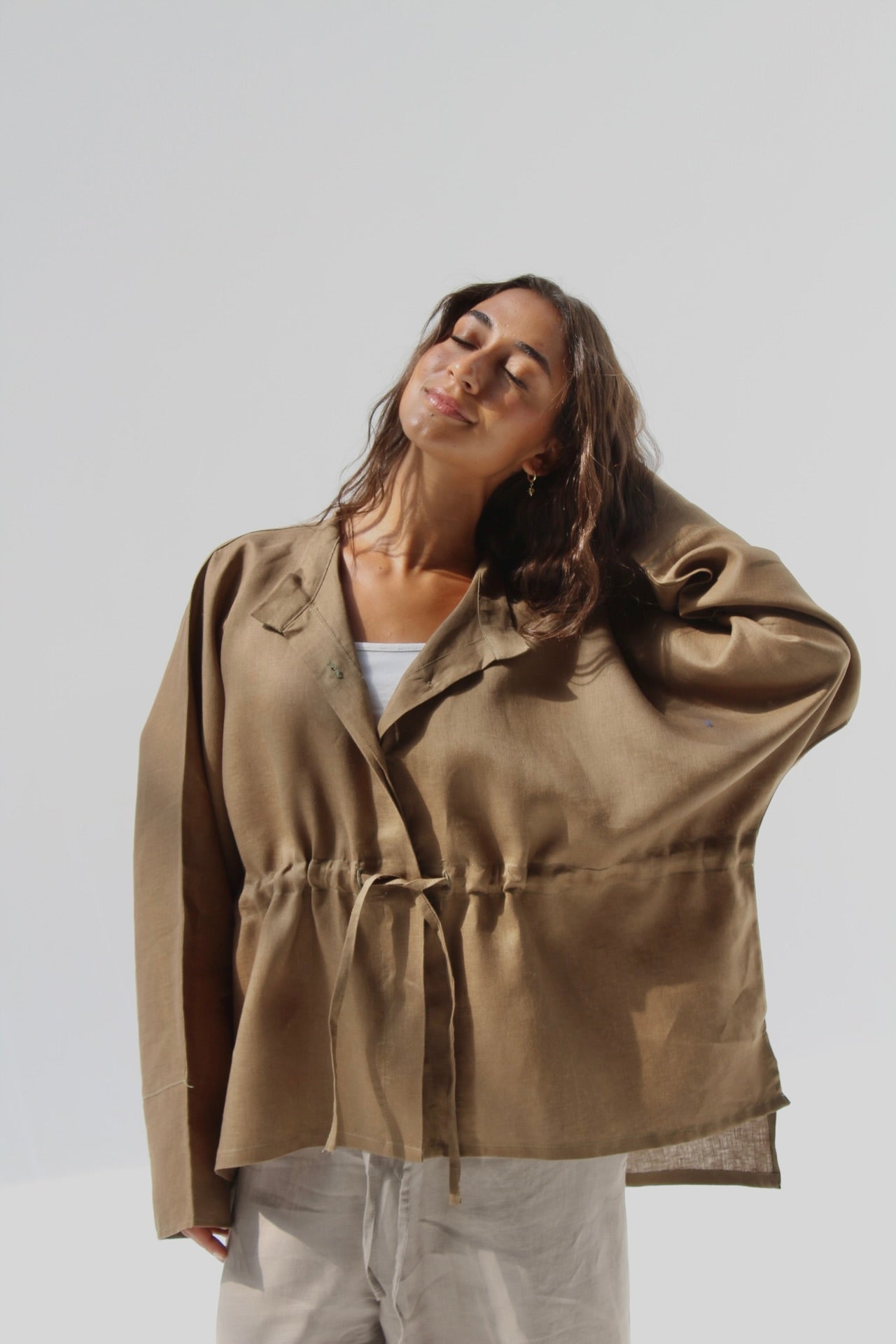 Drawstring Pure Linen Blouse - Cumin