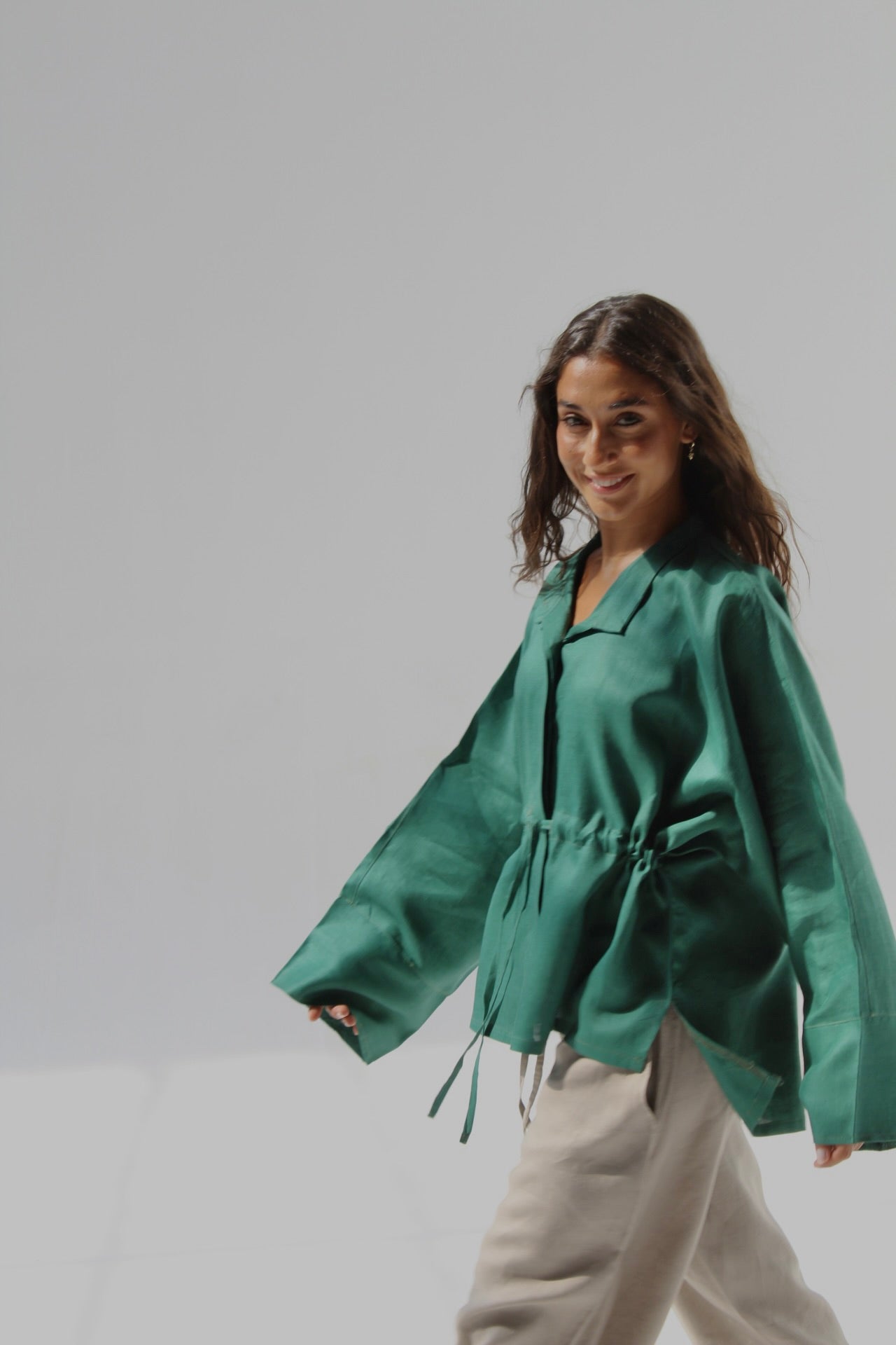 Drawstring Pure Linen Blouse - Green
