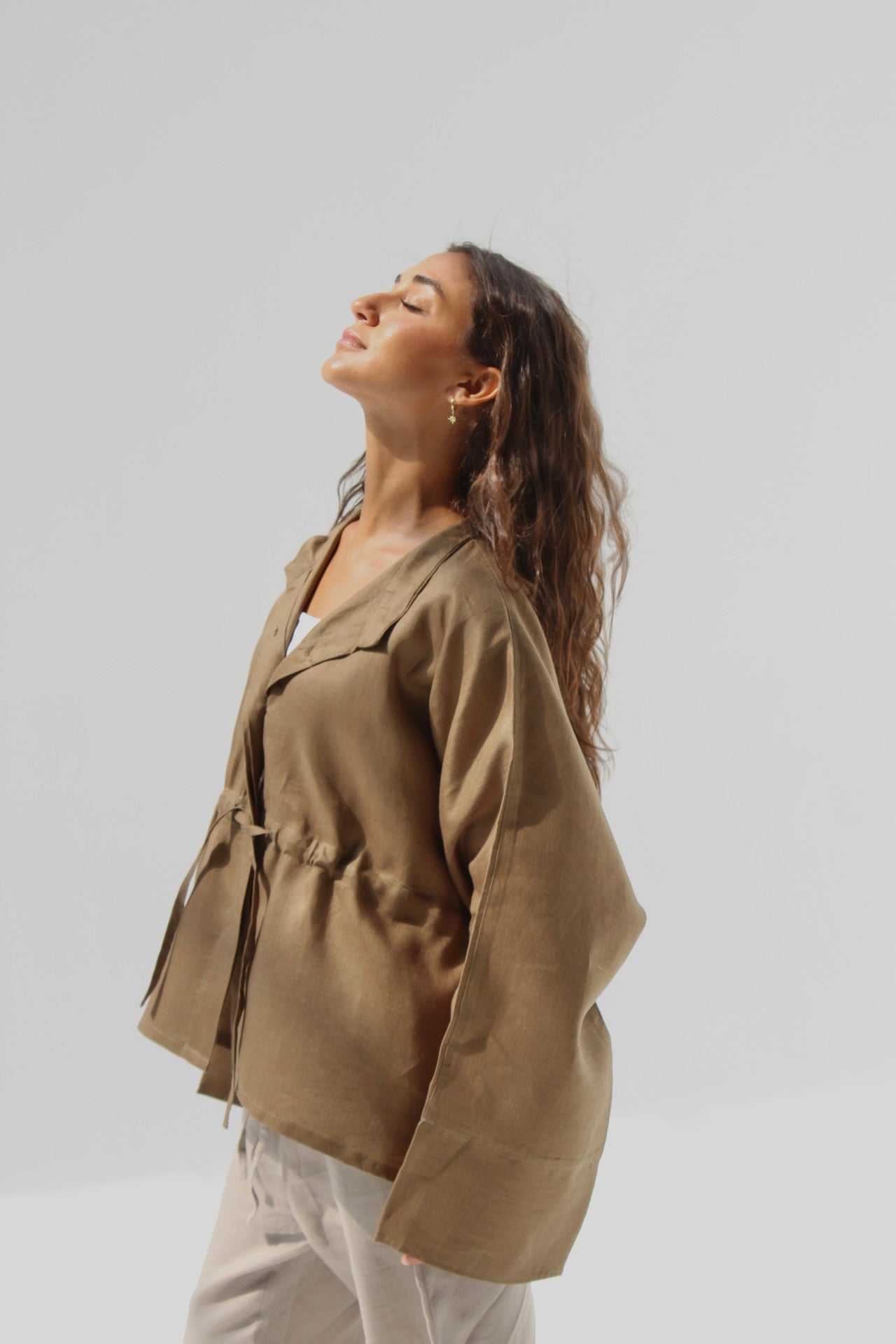 Drawstring Pure Linen Blouse - Cumin