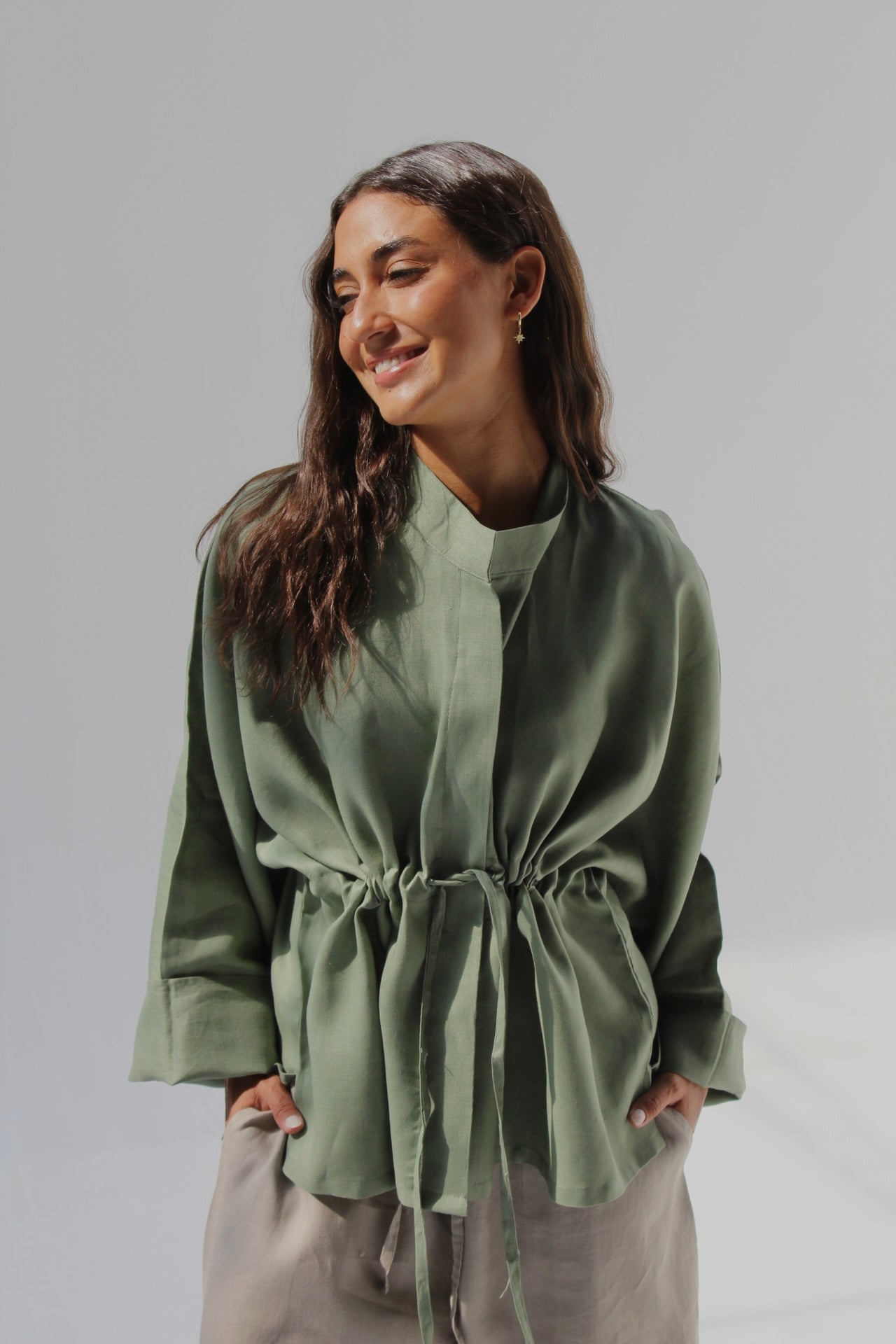 Drawstring Pure Linen Blouse - Olive