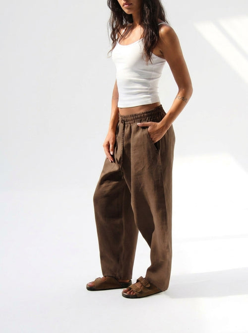 Balloon Pure Linen Pants - Brown