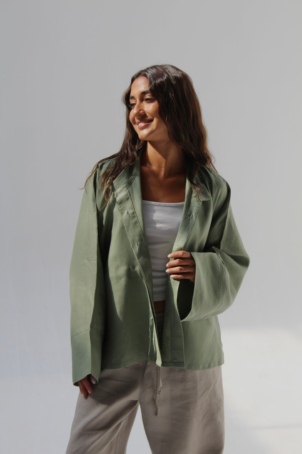 Drawstring Pure Linen Blouse - Olive