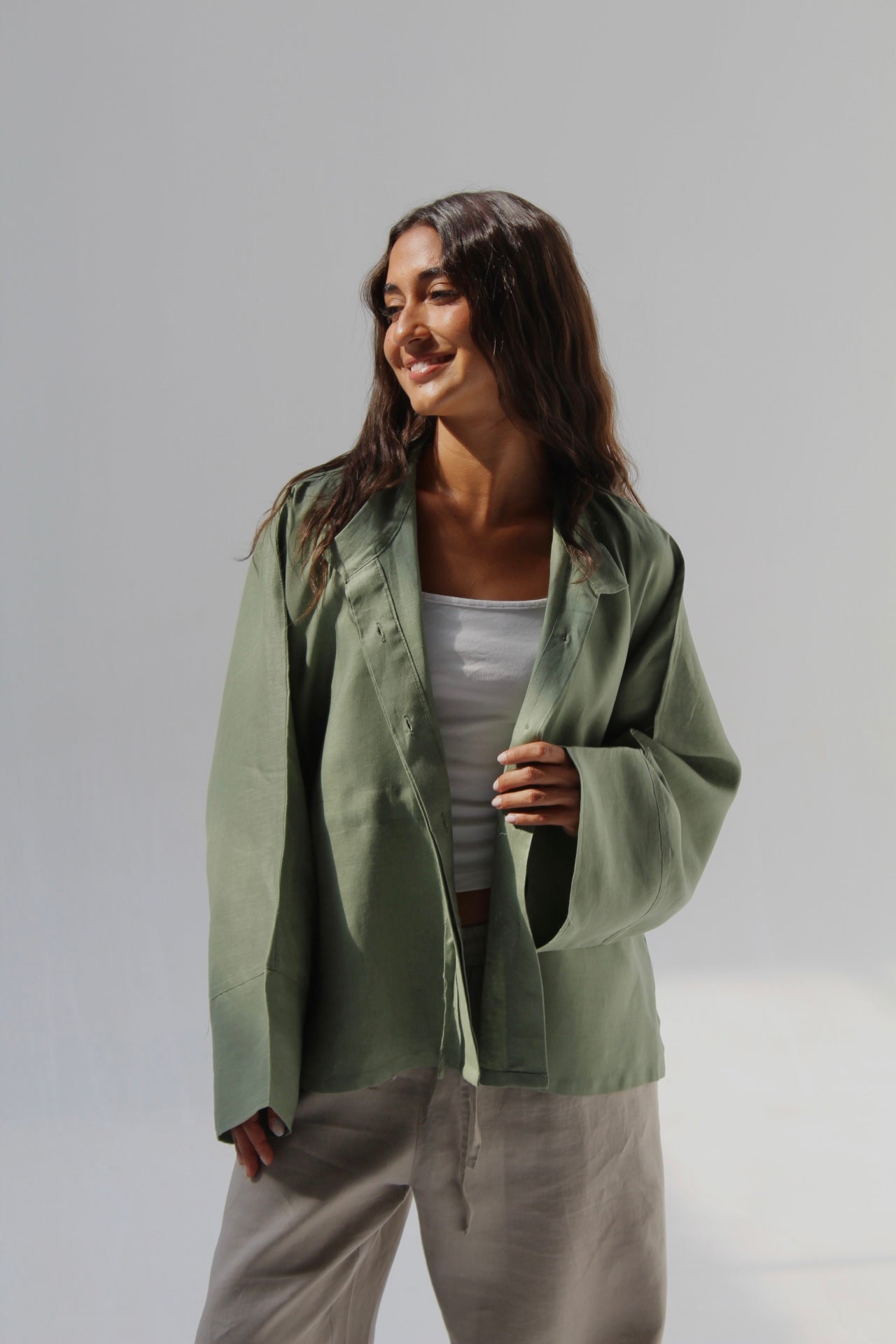 Drawstring Pure Linen Blouse - Olive
