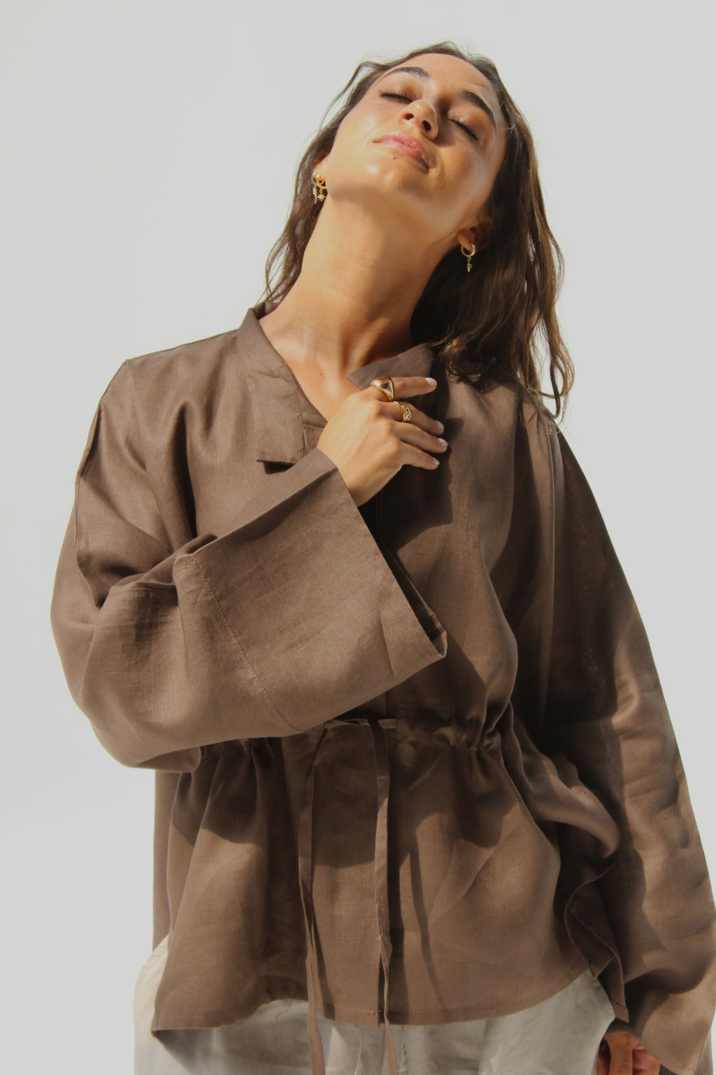 Drawstring Pure Linen Blouse - Brown