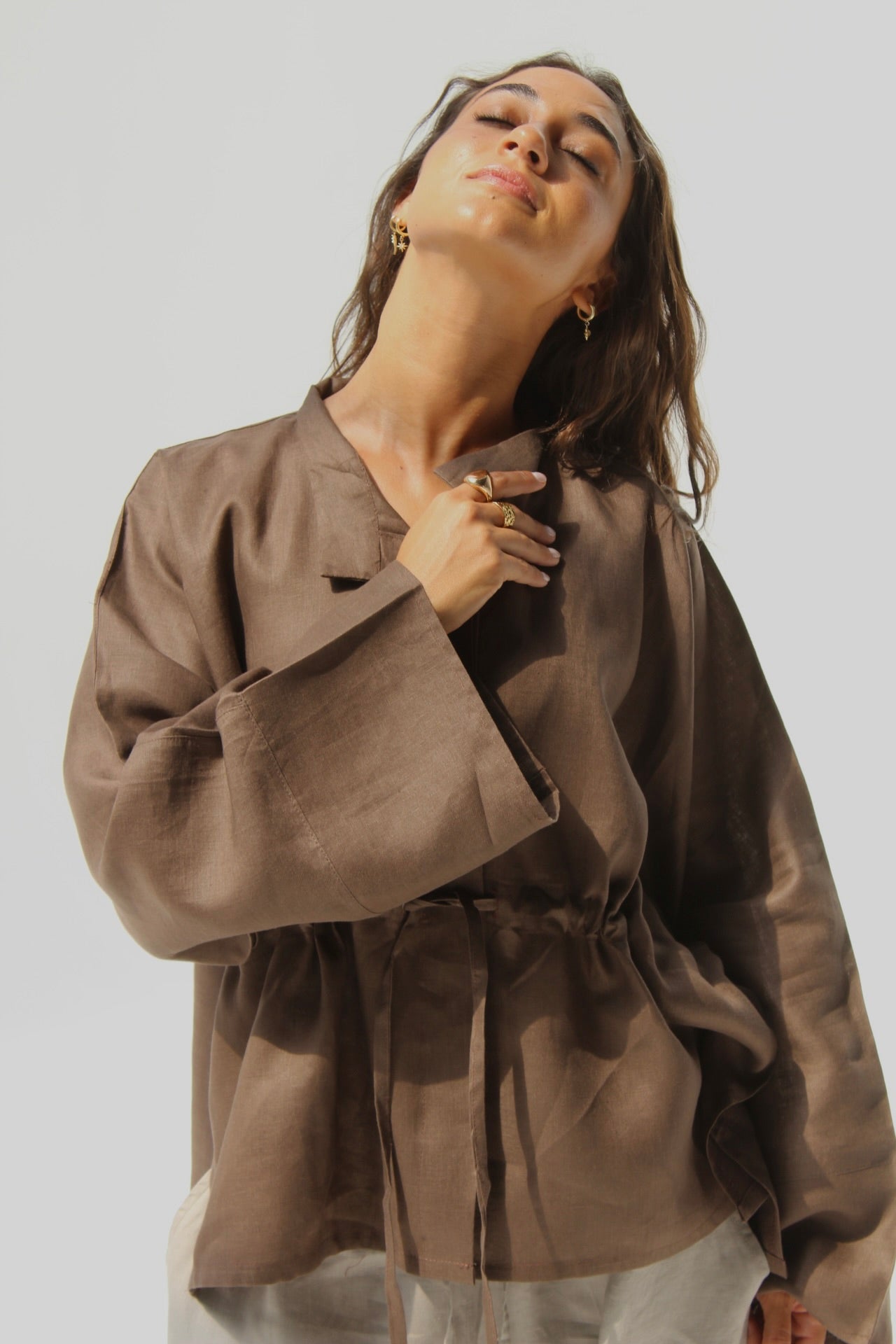 Drawstring Pure Linen Blouse - Brown